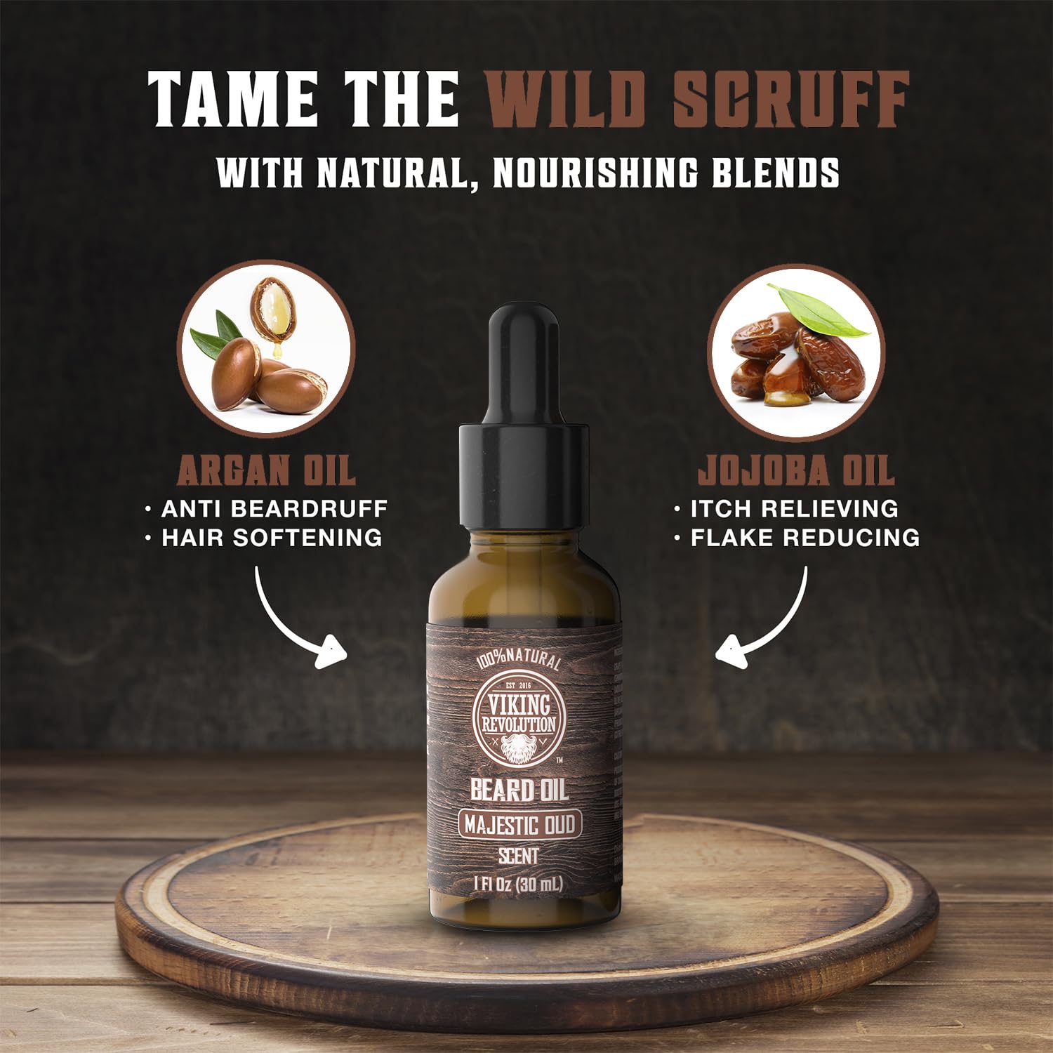 The Majestic Oud Beard Oil bottle sits on a wooden surface, showcasing the advantages of argan and jojoba oils. Enhanced with majestic oud, it provides a luxurious experience for nourishing and taming your beard.