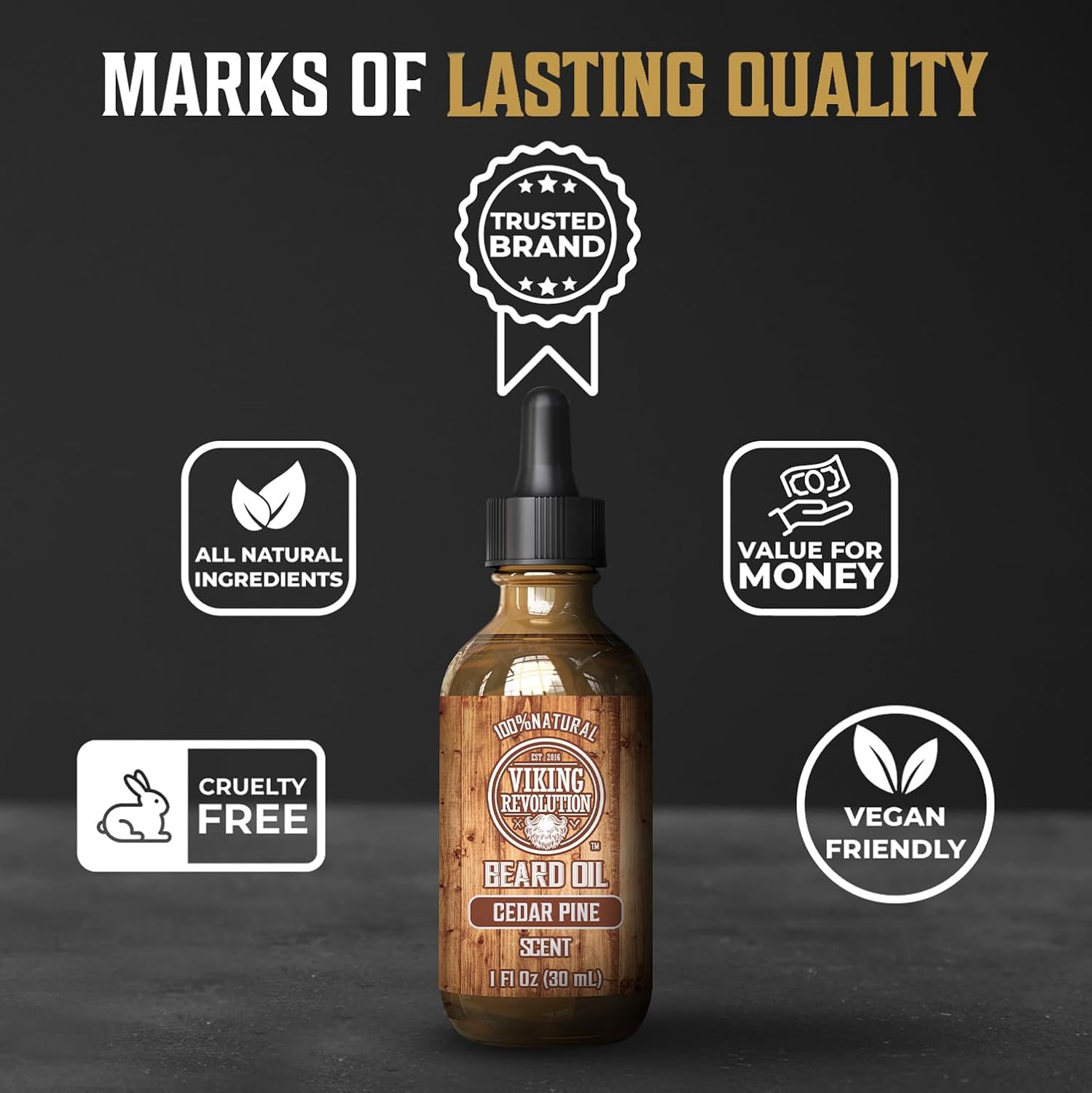 Sandalwood beard oil labeled Cedar & Pine, high-quality, vegan, cruelty-free icons, and more.