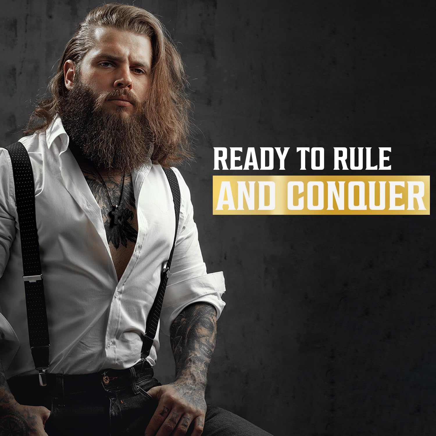 A man with long hair, tattoos, and a well-groomed beard in a white shirt with suspenders. Text: Ready to Rule and Conquer. Elevate your style with our premium Beard Wash and Beard Conditioner for Men 17oz, Sweet Tobacco, for the ultimate look.