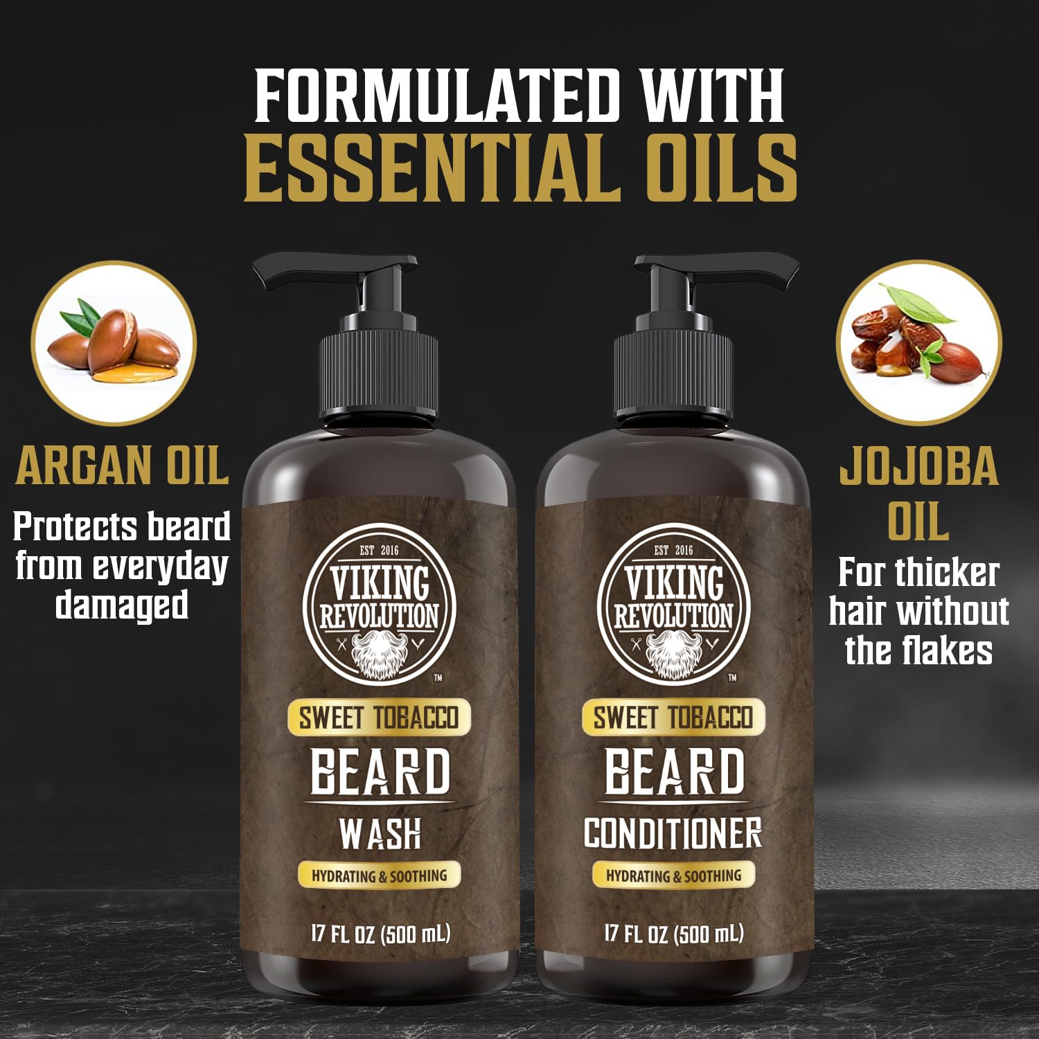 A beard kit containing two 17oz bottles of Beard Wash and Beard Conditioner for Men, Sweet Tobacco, infused with argan and jojoba oils for soothing and hydration.