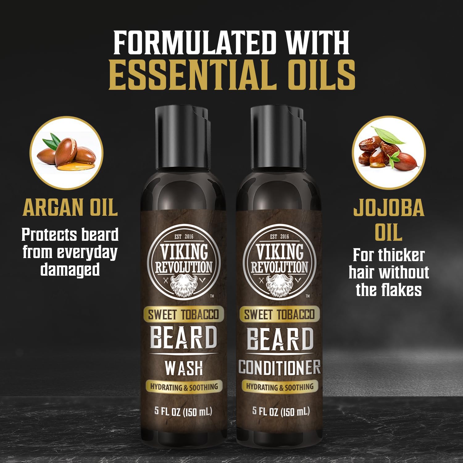 The Beard Wash & Conditioner - Sweet Tobacco 5oz by Viking Revolution is essential for ultimate beard care, featuring argan and jojoba oils to ensure hydration and protection.