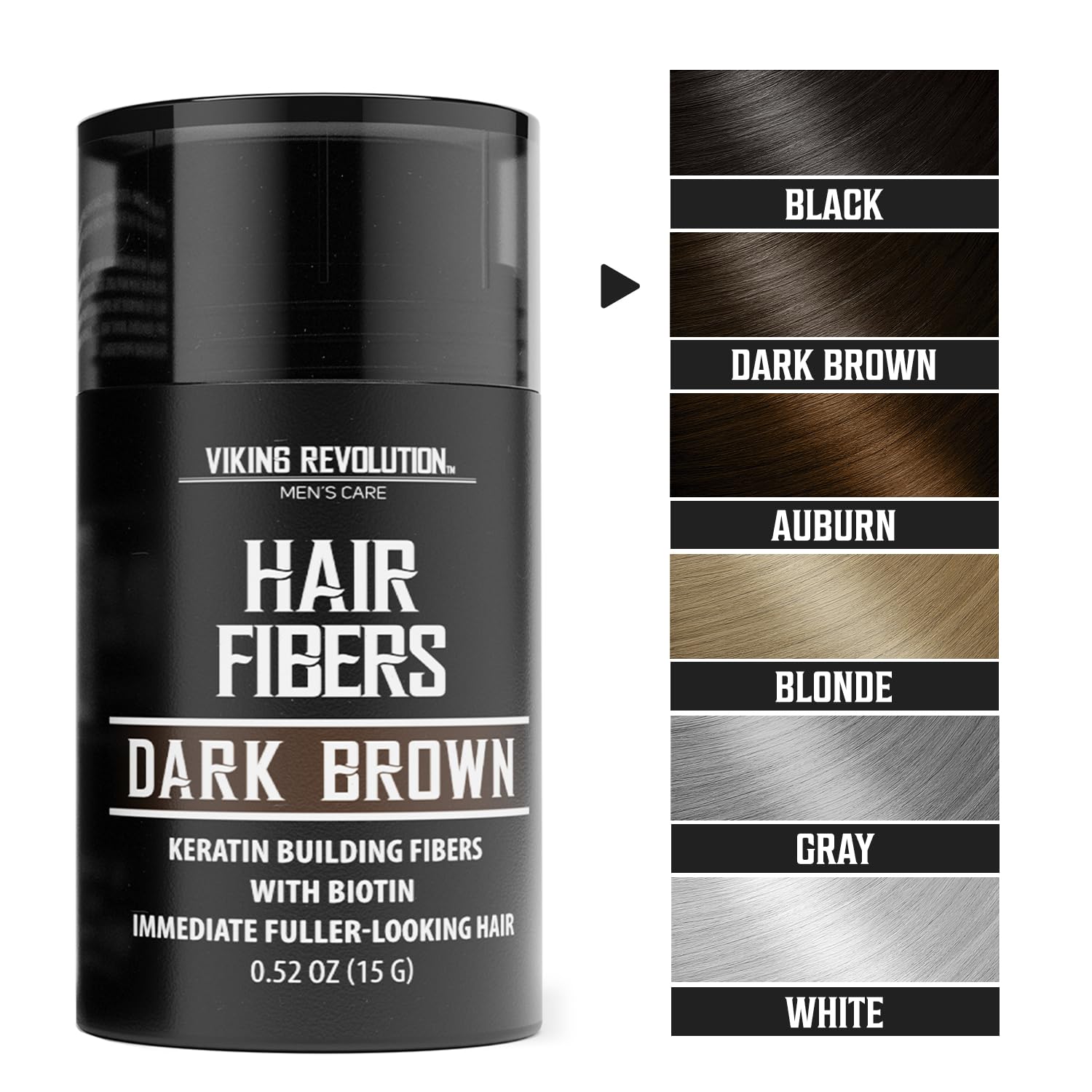 Dark Brown Hair Fibers for Thinning Hair, available in 6 natural keratin colors: black, brown, auburn, blonde, gray.