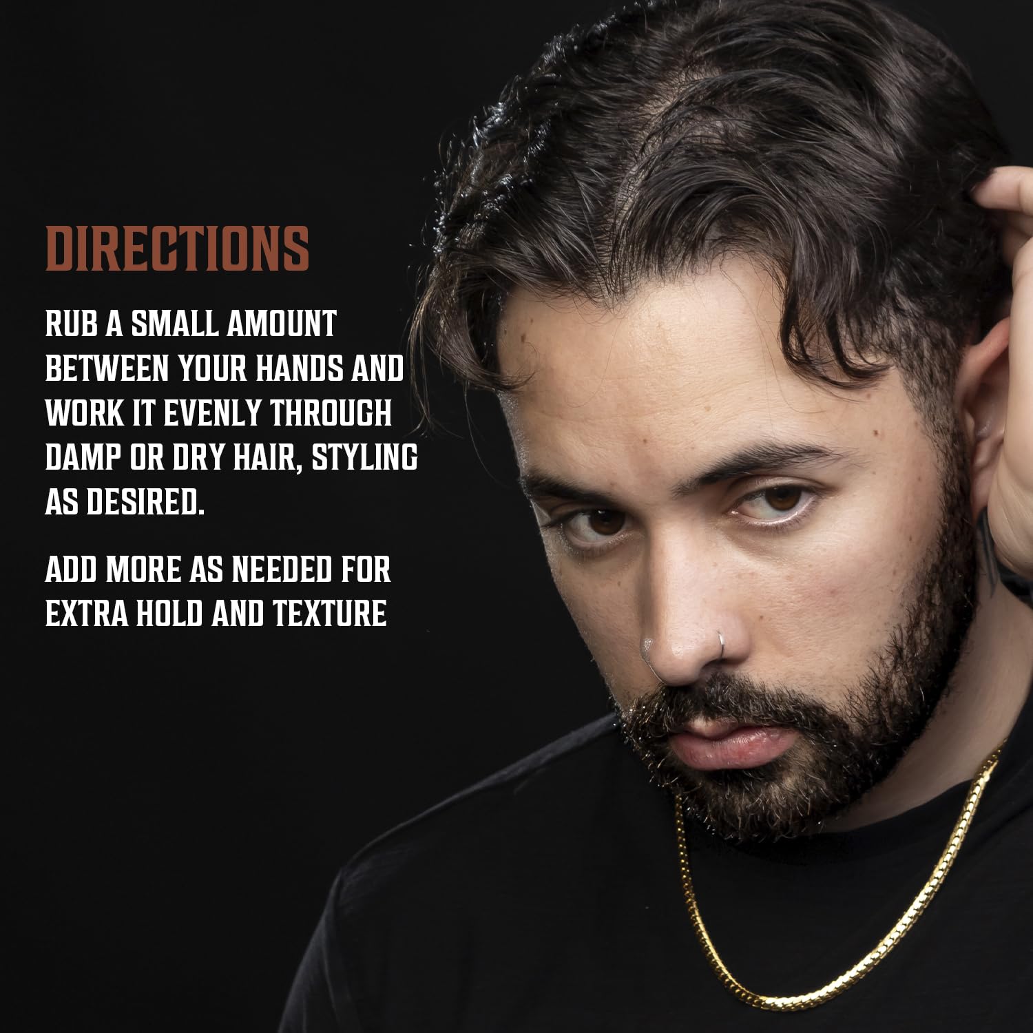 Man styles hair with Hair Paste for Men - Sandalwood Scented (3.5oz); usage tips shown on the left.