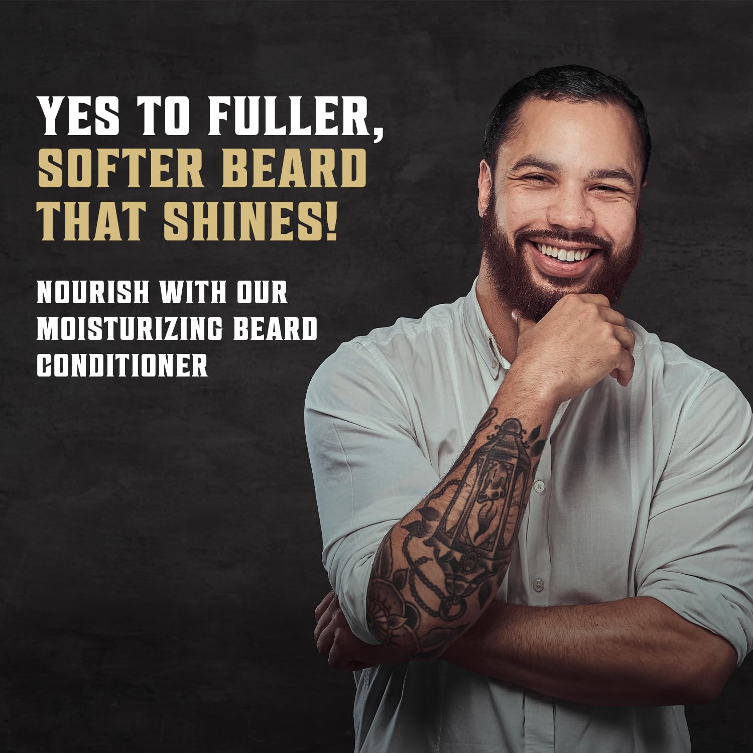 Man smiling with a beard, promoting Beard Wash and Conditioner: Yes to a fuller, softer beard that shines!.