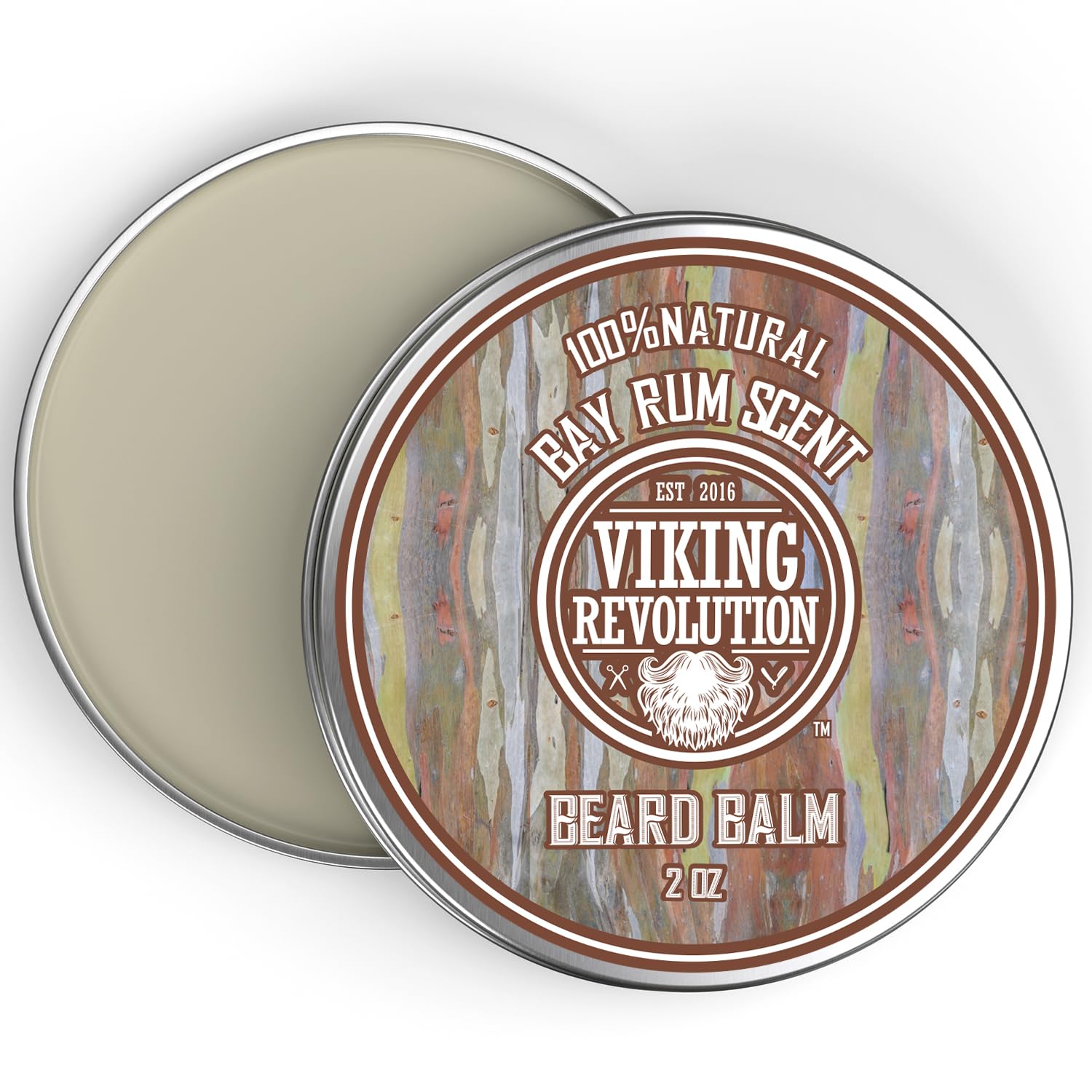 Open a tin of Bay Rum Beard Balm with 100% natural ingredients on a rustic wooden background.