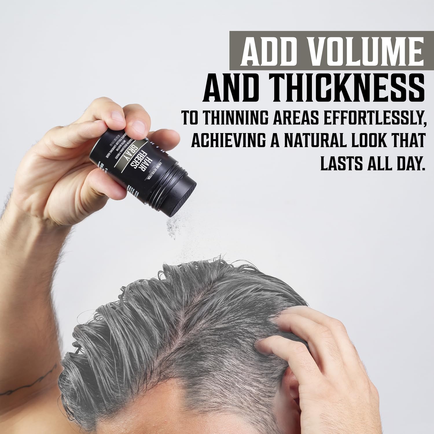 Using Gray Hair Fibers for Thinning Hair, a man achieves volume, thickness, and a natural appearance. The product emphasizes lasting effects and is fortified with natural keratin.