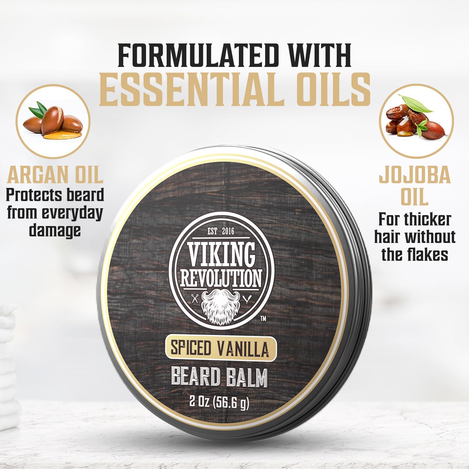 Viking Revolutions Spiced Vanilla Beard Balm (2oz) features argan and jojoba oils for sculpted sophistication.