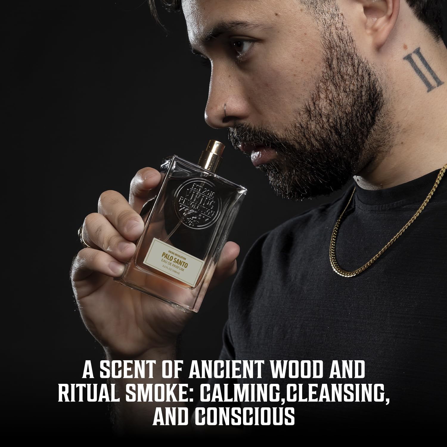 Man holding Palo Santo Eau de Parfum 3.4 Fl Oz, featuring calming cedarwood notes for men.