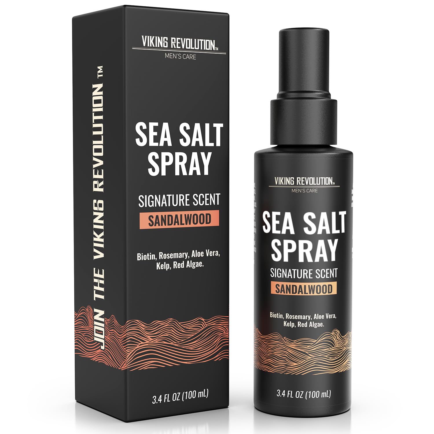 Sandalwood Sea Salt Spray for Men, travel size 3.4oz with biotin, rosemary & aloe vera.