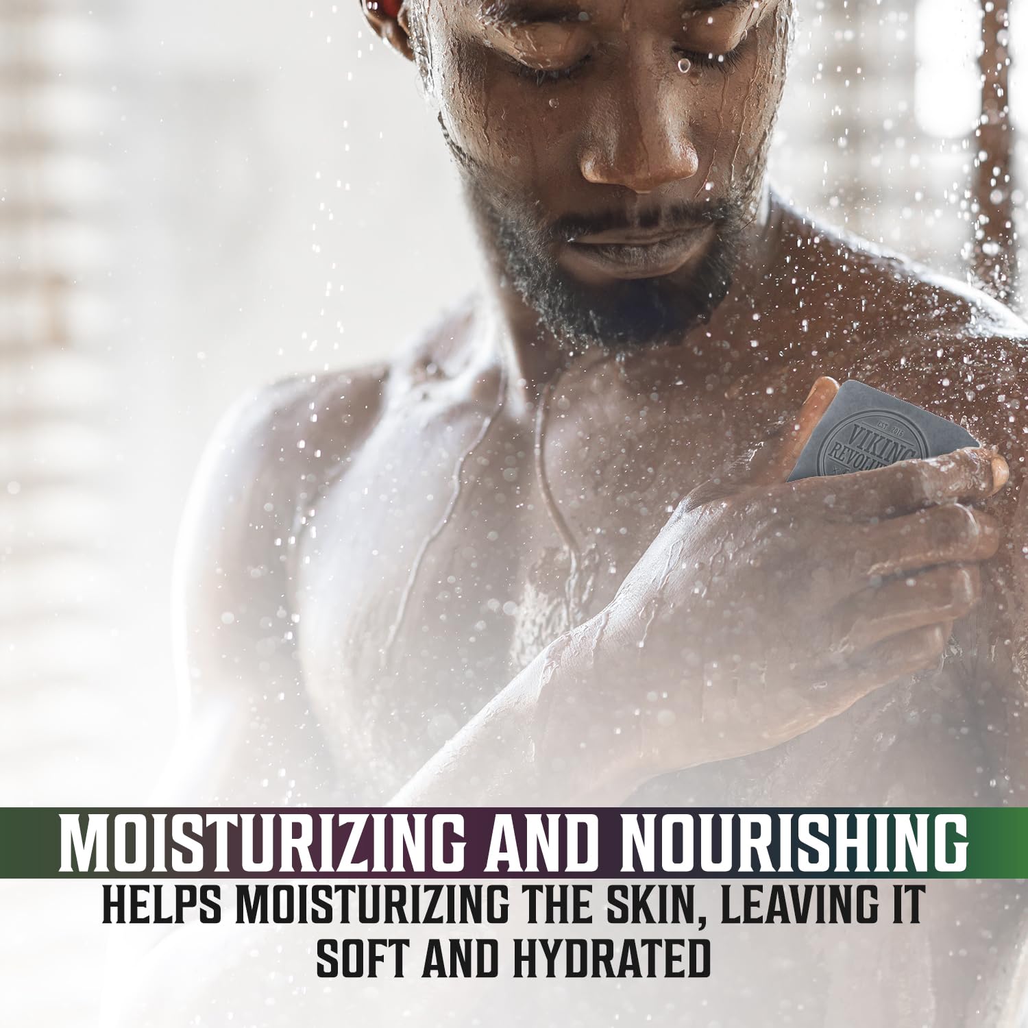 Man using Natural Soap for Men; text: Moisturizing & nourishing, for soft, hydrated skin.
