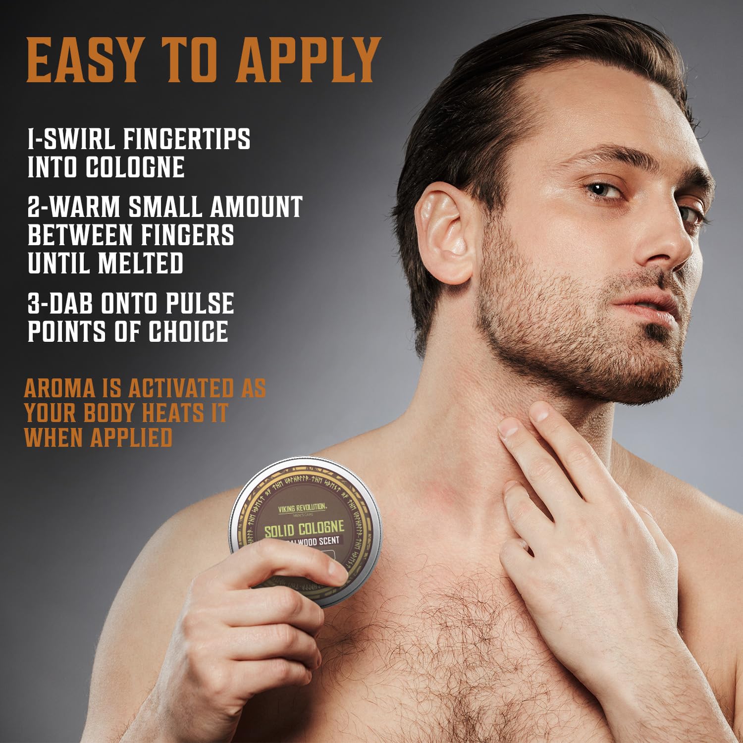 Man applies Solid Cologne 2 Oz Single Sandalwood, illustrating steps to achieve a manly fragrance alcohol-free.