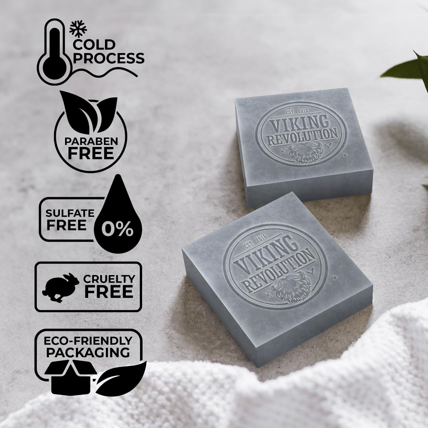 Two bars of Tea Tree Natural Cold Pressed Bar Soap with icons for skin soothing, eco-friendly, and more.