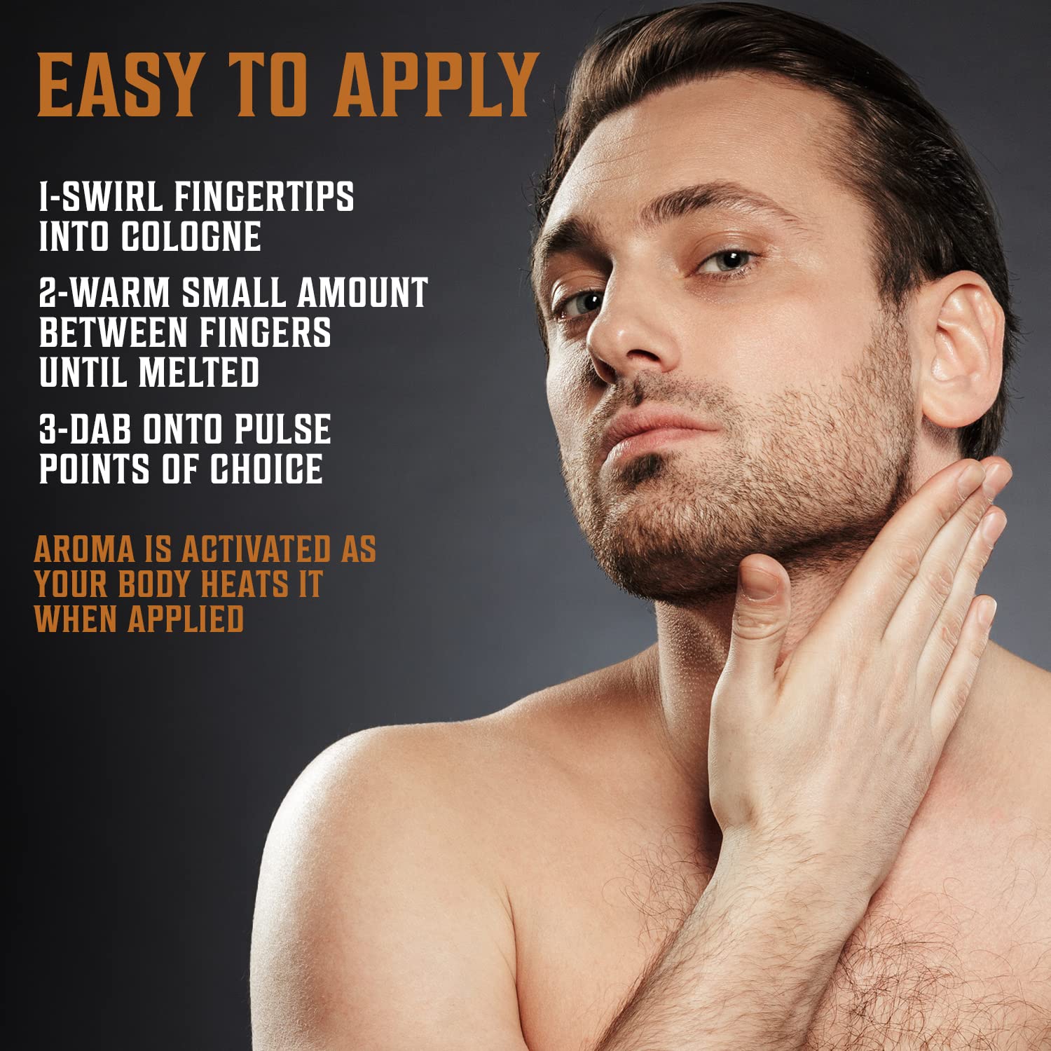 Man applying Solid Cologne 4pk on neck, with instructions for Spiced Vanilla, Sweet Tobacco, Majestic Oud nearby.