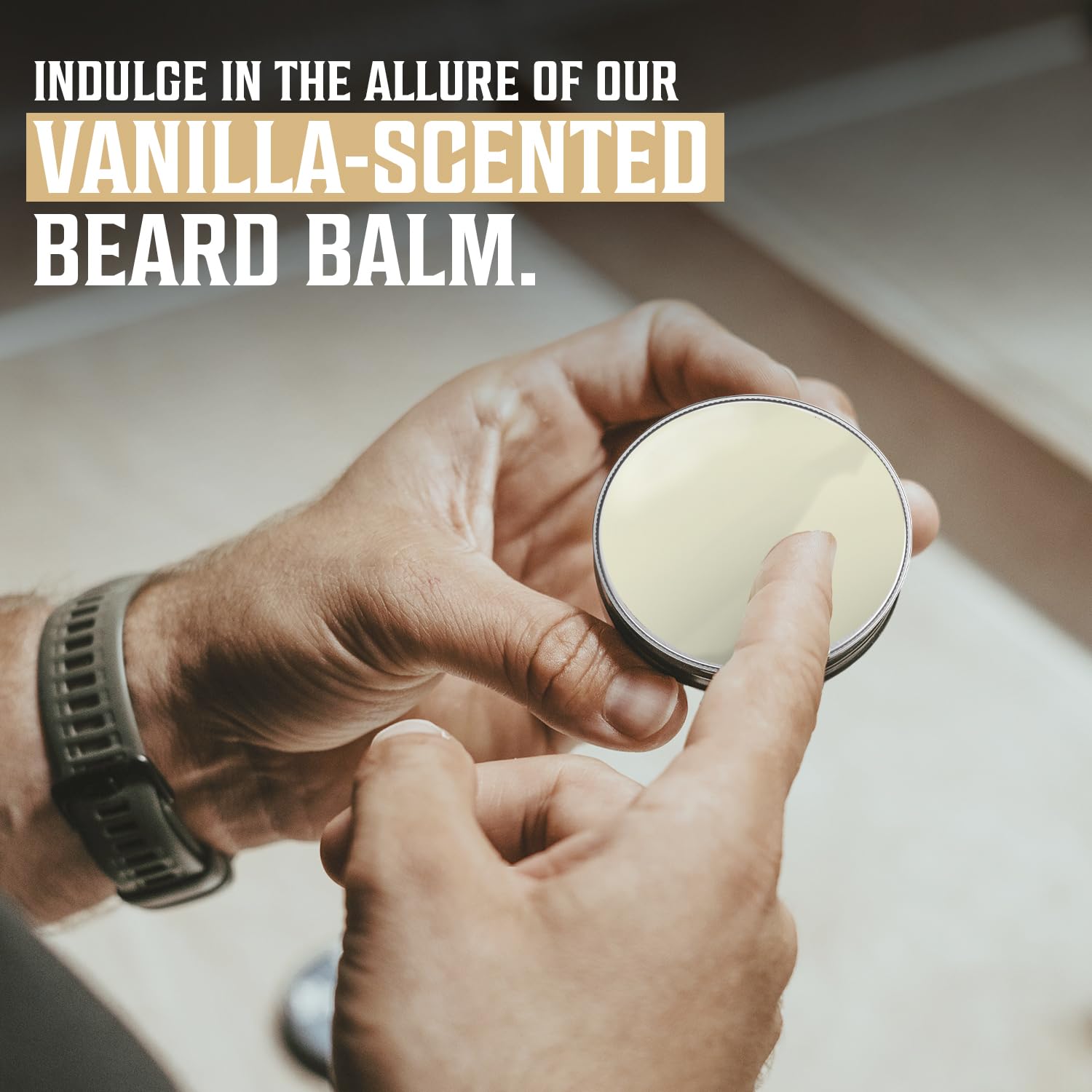 Applying Beard Balm - Spiced Vanilla 2oz for sculpted sophistication from a scented tin.