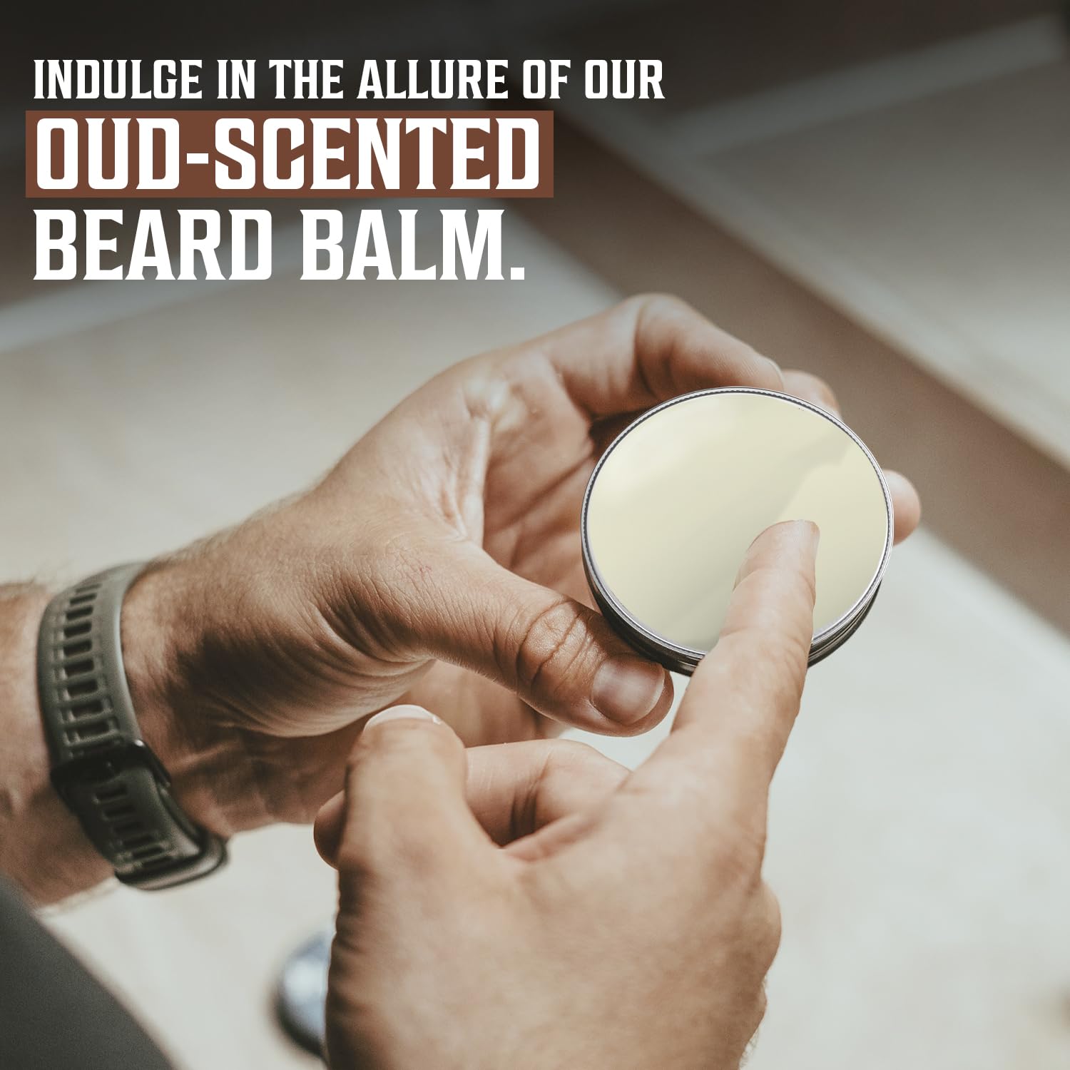 Close-up of a person opening Majestic Oud Beard Balm, celebrating its natural oud scent and Viking spirit.
