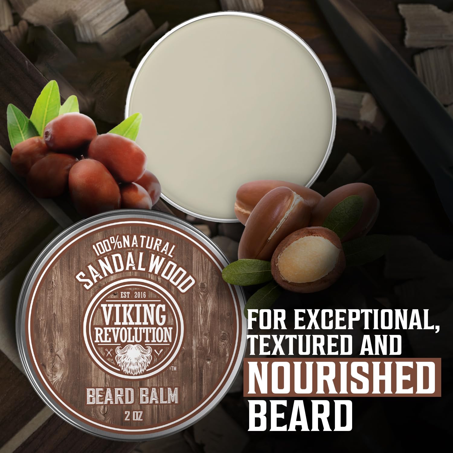 Sandalwood Beard Balm tin, All Natural Viking Revolution, leaves & nuts - 2 Pack Nourished Beard.