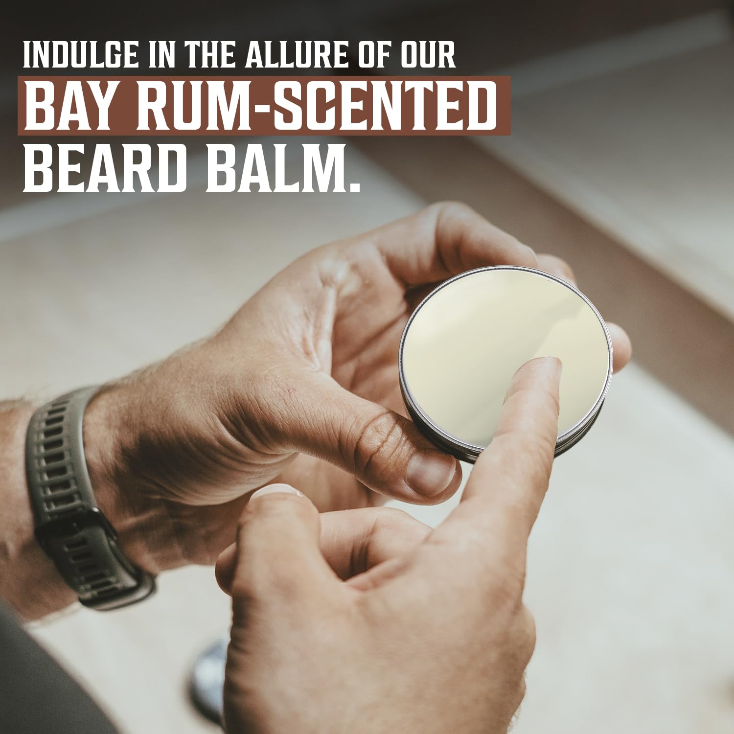Person applying Bay Rum Beard Balm from a tin, highlighting natural ingredients for beard conditioning.