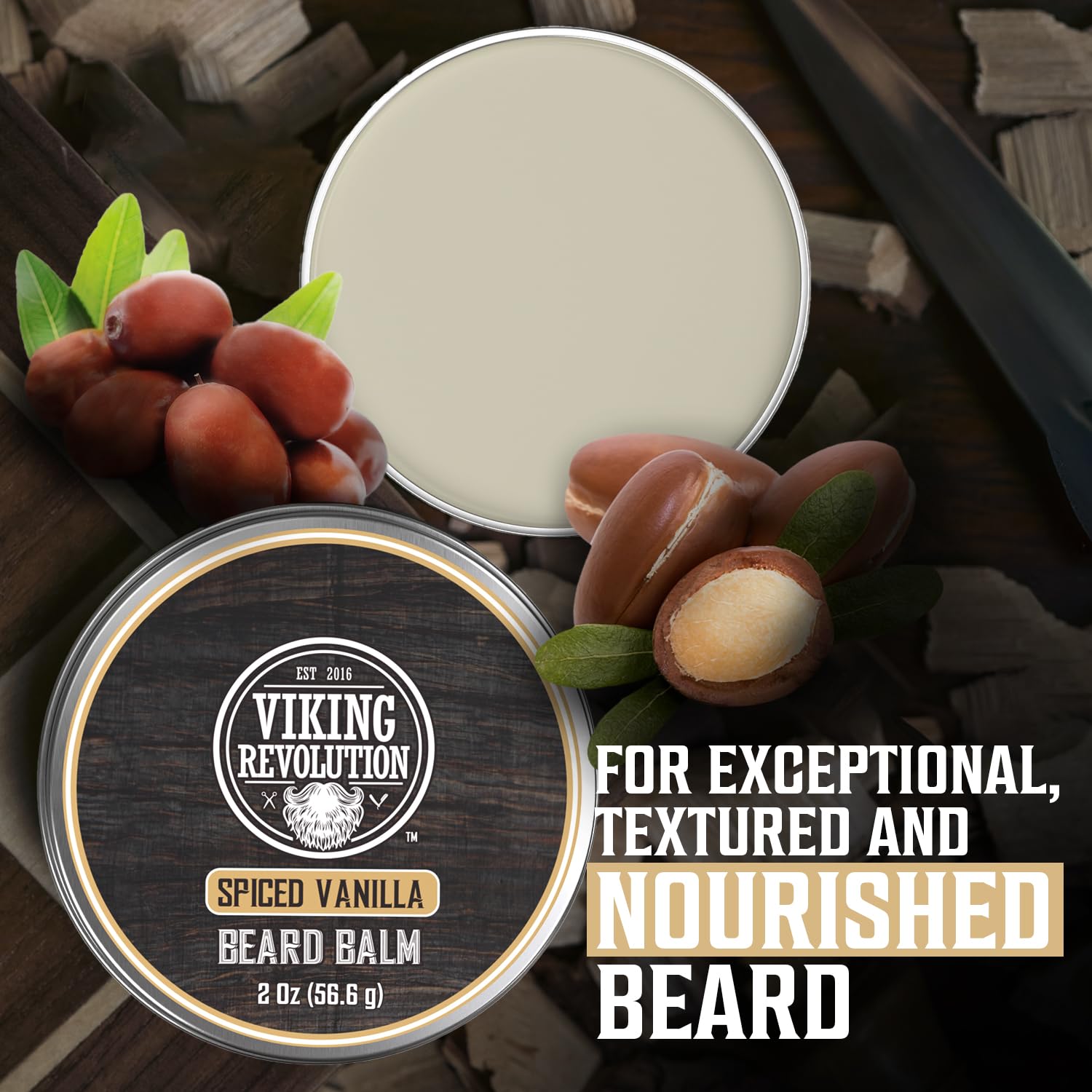 Viking Revolution: Beard Balm - Spiced Vanilla 2oz, crafted with nuts and berries for sculpted sophistication.