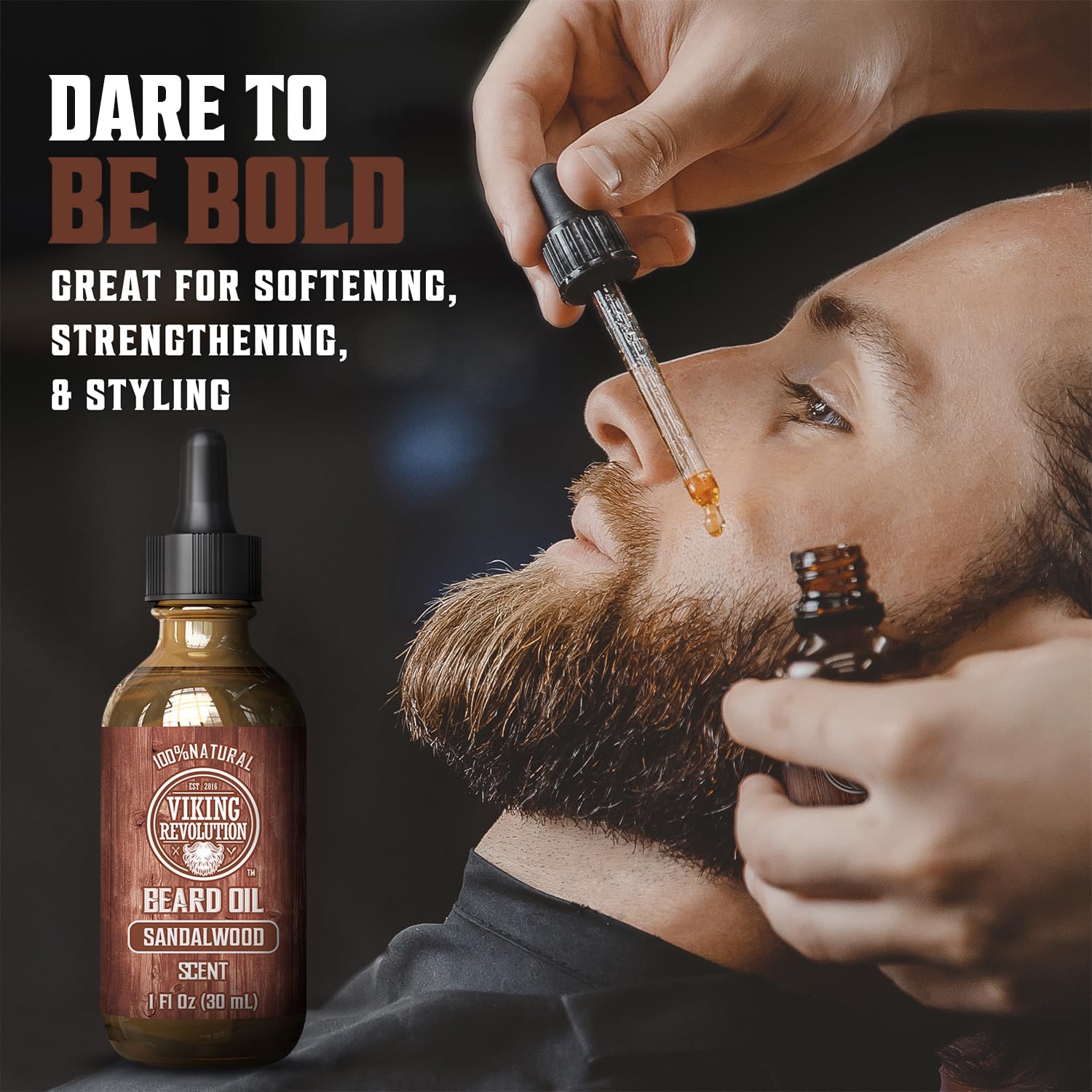 Man applying Sandalwood Beard Oil with dropper for hydration; bottle labeled Viking Revolution.