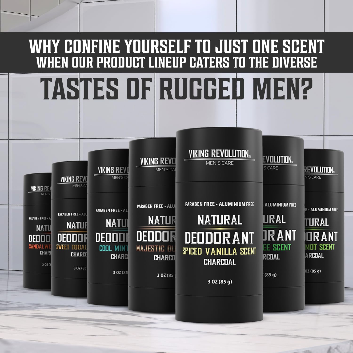 Spiced Vanilla Deodorant for Men in an aluminum-free bathroom, 3oz natural charcoal formula.