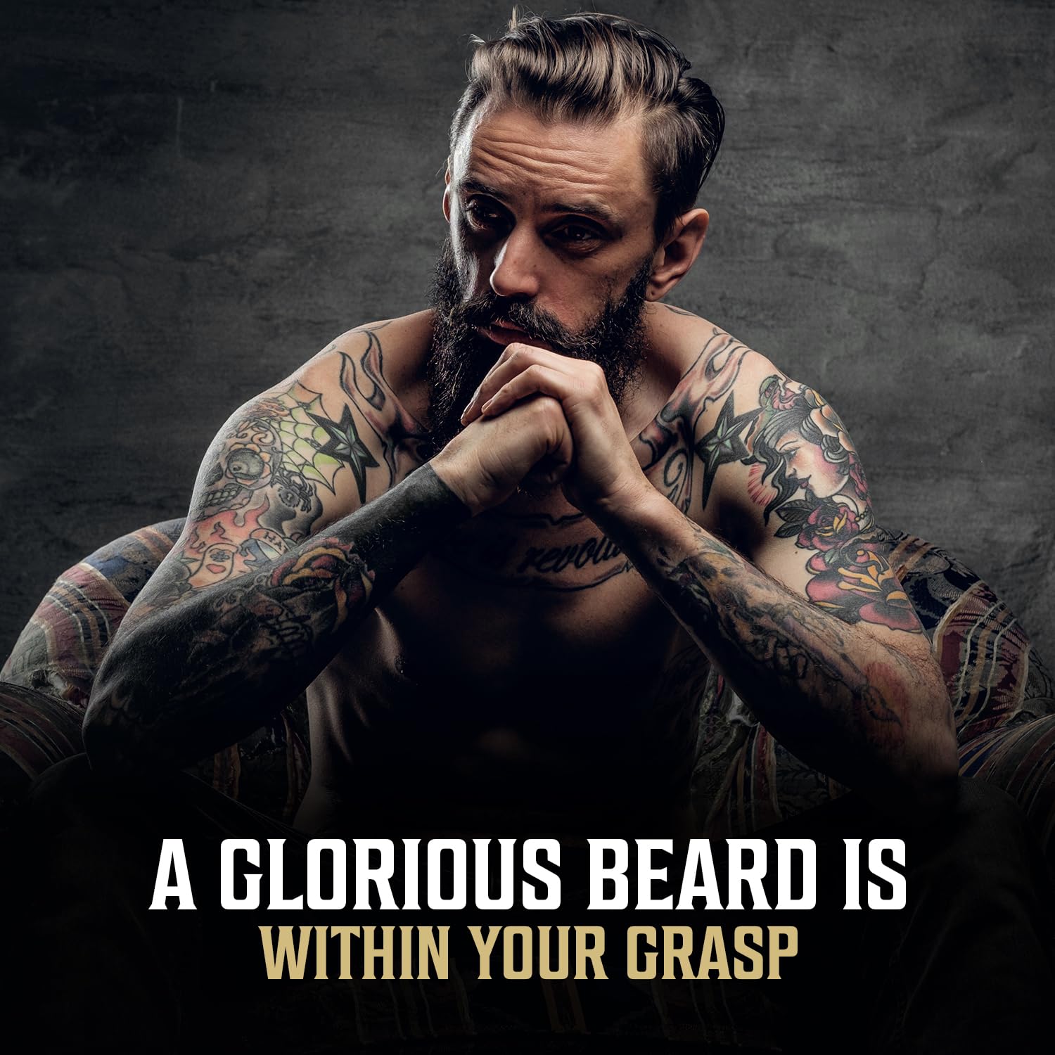 Tattooed man with beard thinks; text: Tame Stubborn Facial Hair with Spiced Vanilla Beard Oil.