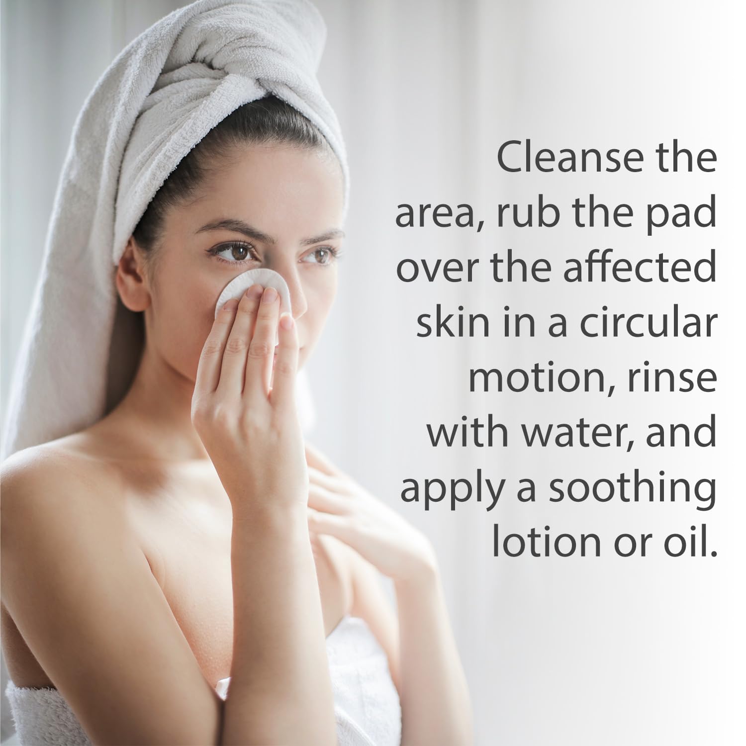 A woman with a towel on her head gently cleanses her face while following the skincare instructions beside her, which emphasize the benefits of Ingrown Hair Pads for achieving smooth skin.