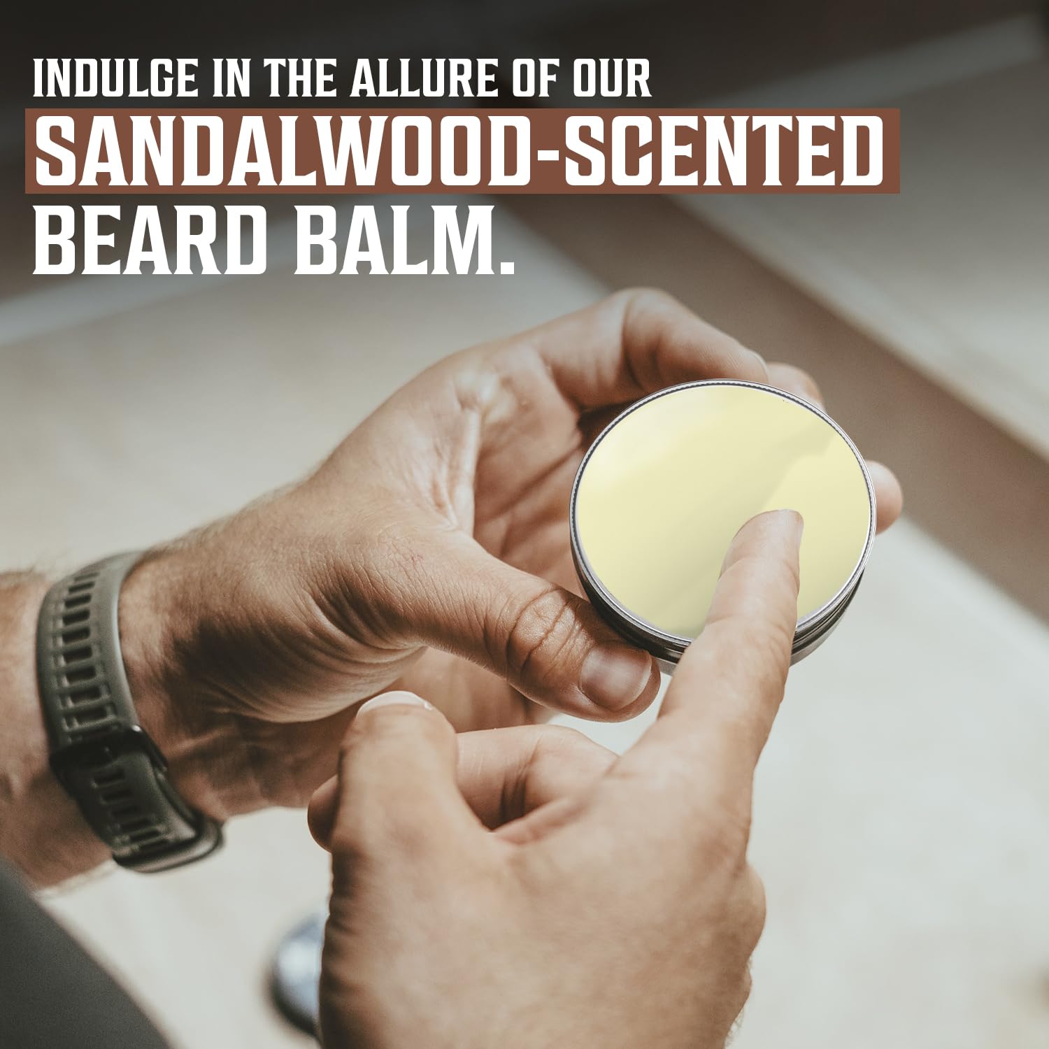 A hand displays a 2oz tin of Beard Balm in sandalwood scent, highlighting its all-natural benefits. Ideal for combating beardruff and maintaining a healthy beard.