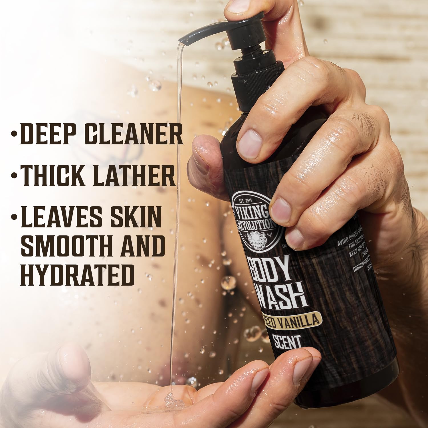 A person dispensing Body Wash - Spiced Vanilla 2 pack onto their hand; the text emphasizes its benefits: deep cleaning, rich lather, and smooth hydration.