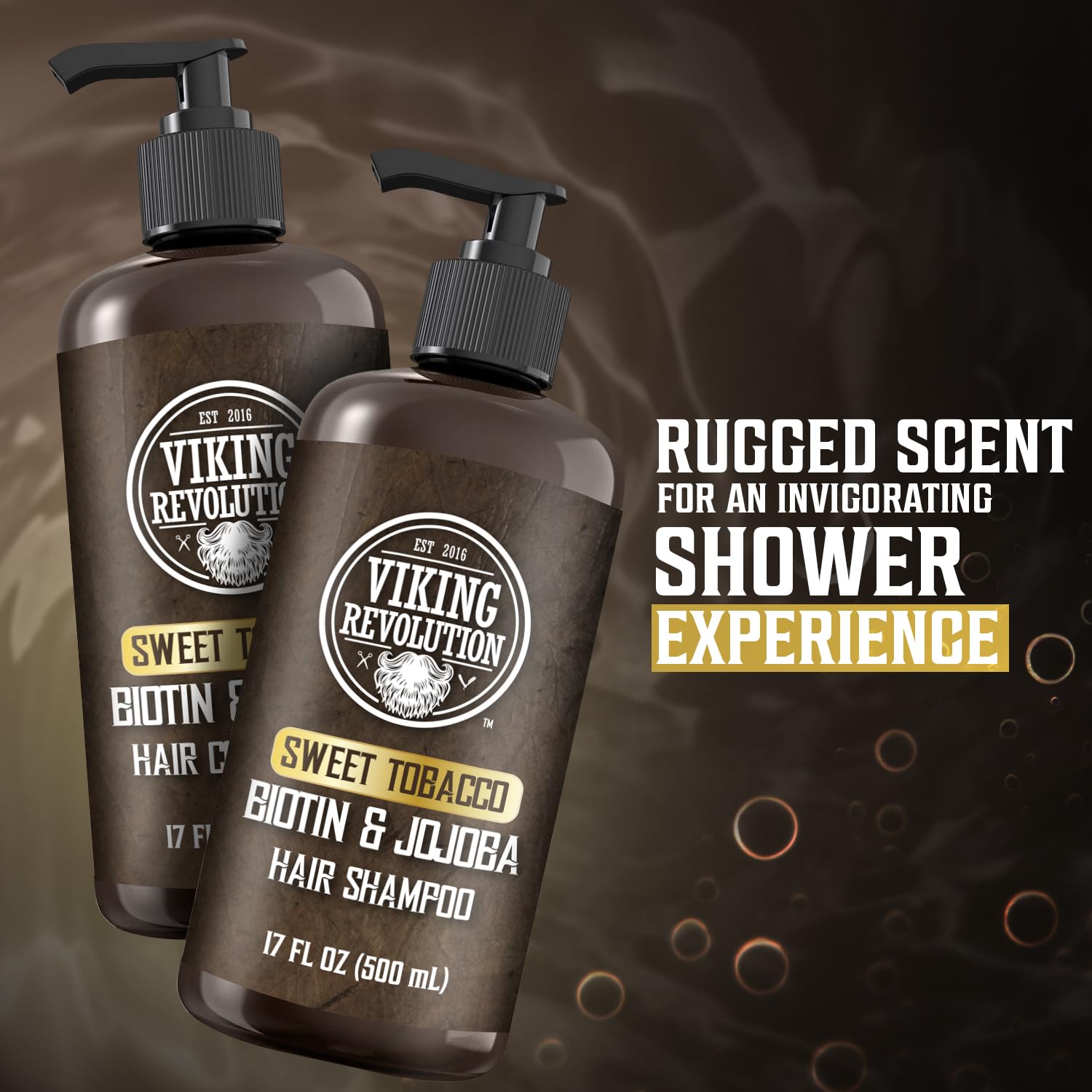 Two bottles of Sweet Tobacco Hair Shampoo & Conditioner 17oz text overlay.