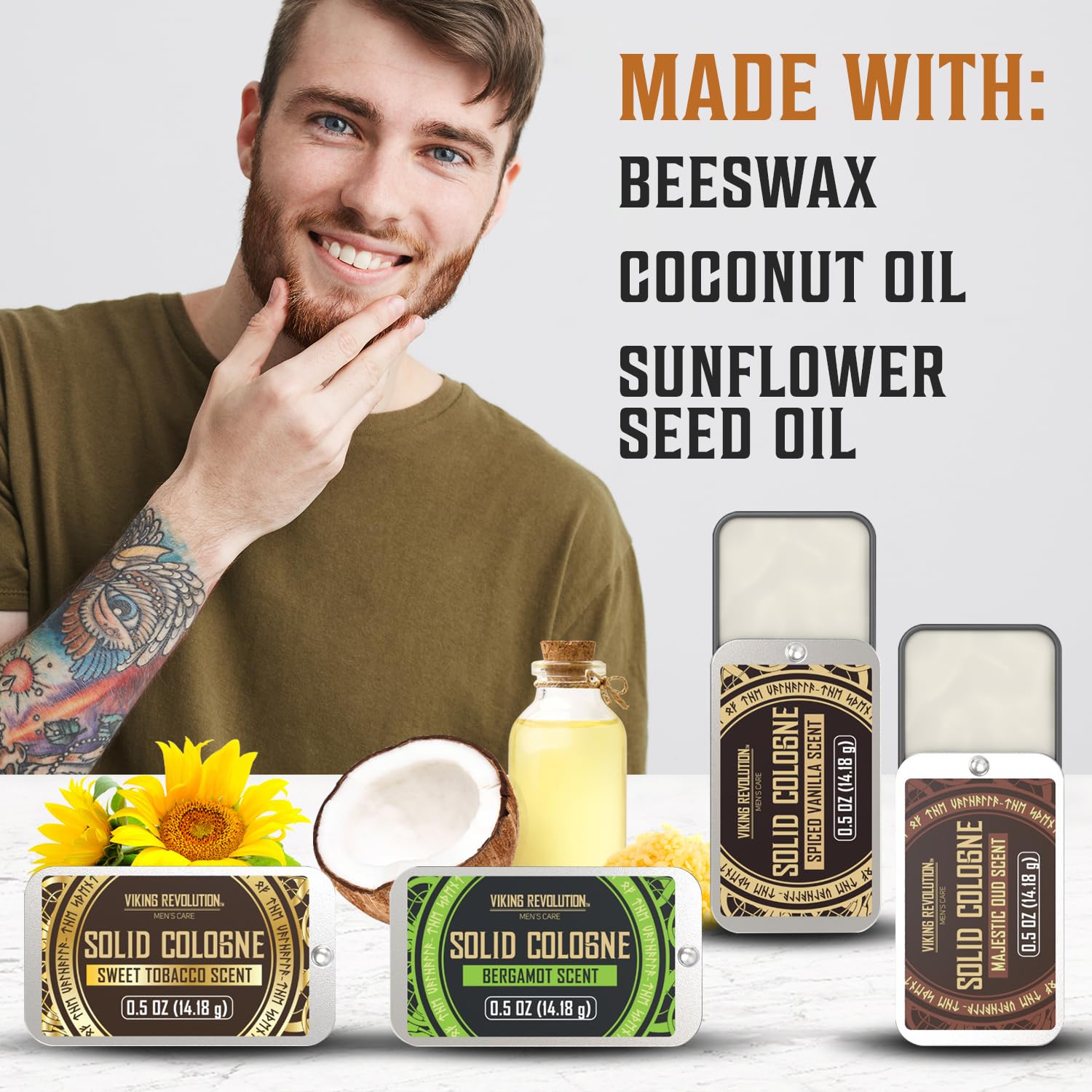 Man smiling with Solid Cologne 4pk: Spiced Vanilla, Sweet Tobacco, Majestic Oud, Bergamot; beeswax base.