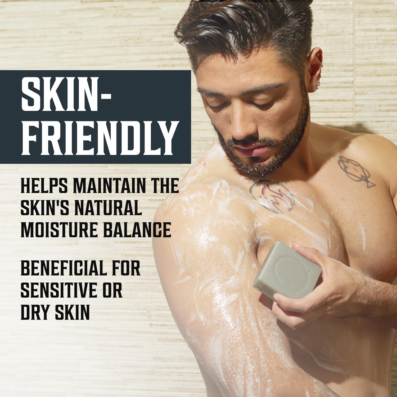 A man uses the Peppermint Natural Soap for Men - Cold Pressed Bar Soap for Men 2pk in the shower, with text: Free of sulfates and parabens, gentle on skin, retains moisture, ideal for sensitive or dry skin.