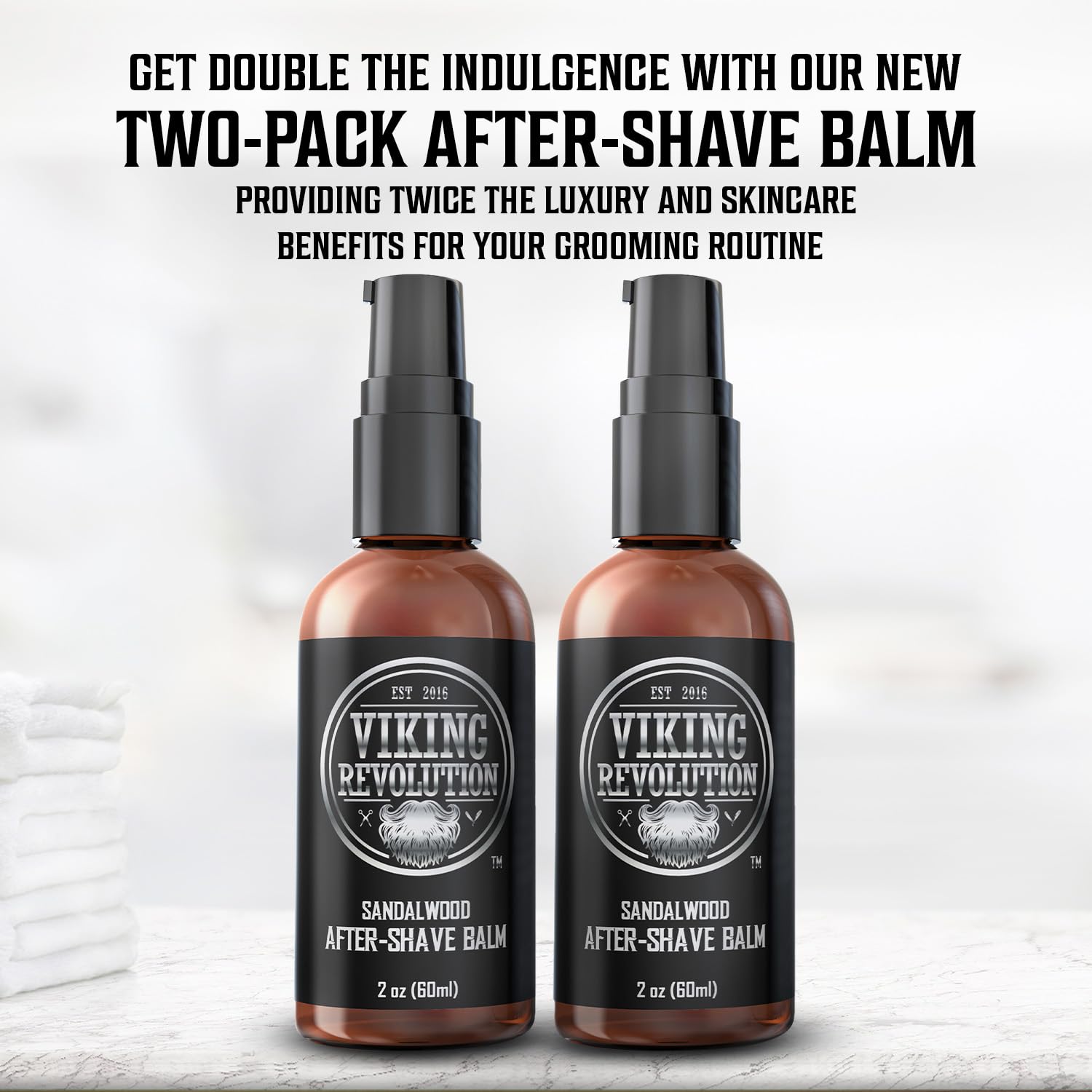 Two bottles of After-Shave Balm for Men (2pk) with a branded logo and handwritten text to soothe irritation.
