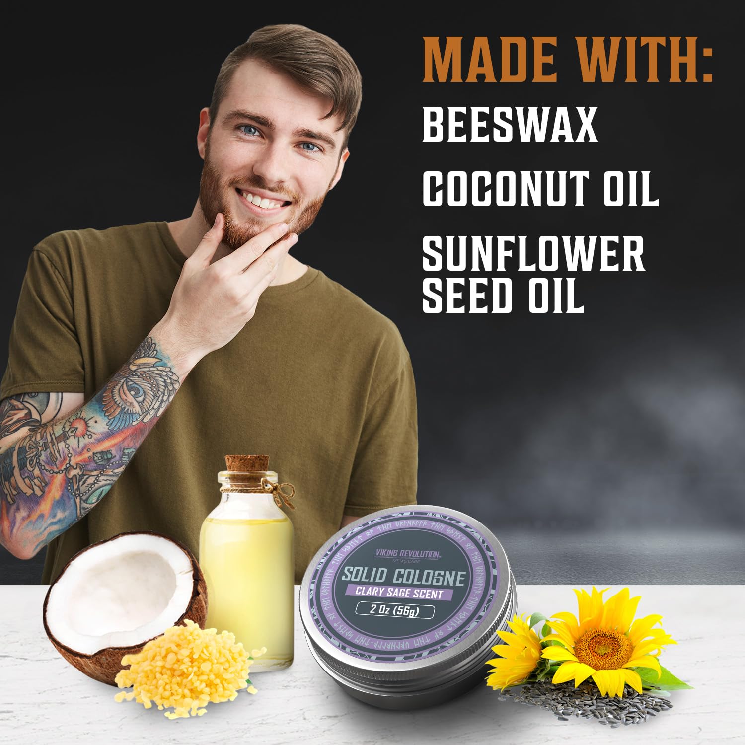 A man with a tattoo proudly showcases the masculine scent of the Solid Cologne 2 Oz Single Clary Sage, crafted from beeswax, coconut oil, and sunflower seed oil. This carefully curated blend makes an excellent gift for men in search of a distinctive aroma experience.