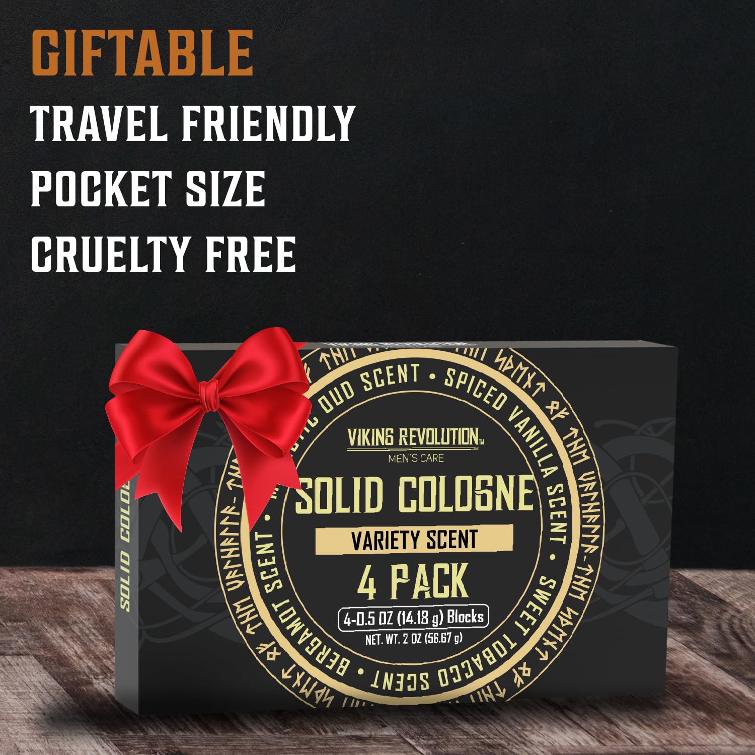 Gift Sampler: Solid Cologne 4pk in Spiced Vanilla, Sweet Tobacco, Majestic Oud, Bergamot; pocket-size.