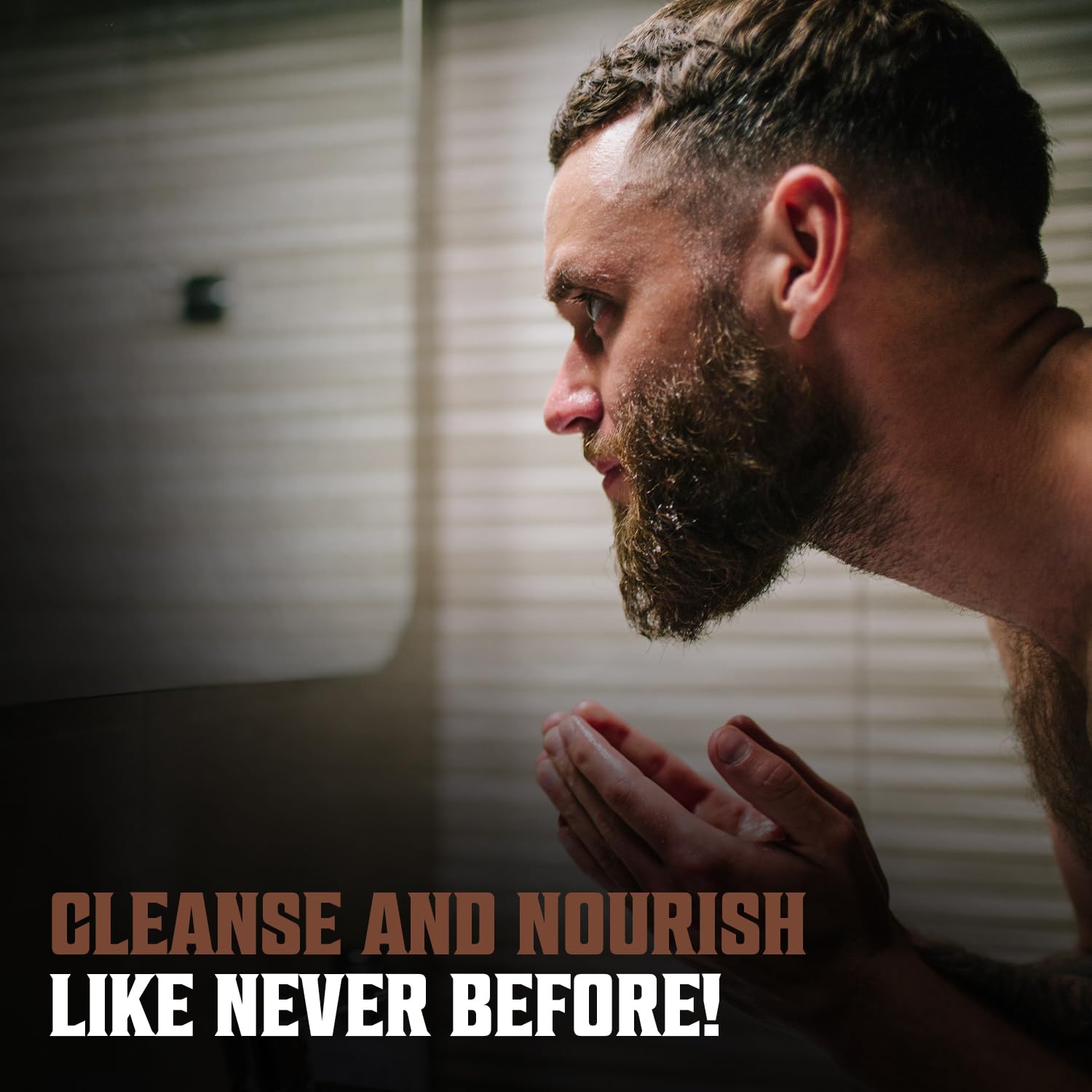 Man washing face with Sandalwood Beard Wash 33.8 fl oz, text: Cleanse, Nourish, and Promote Beard Growth!.