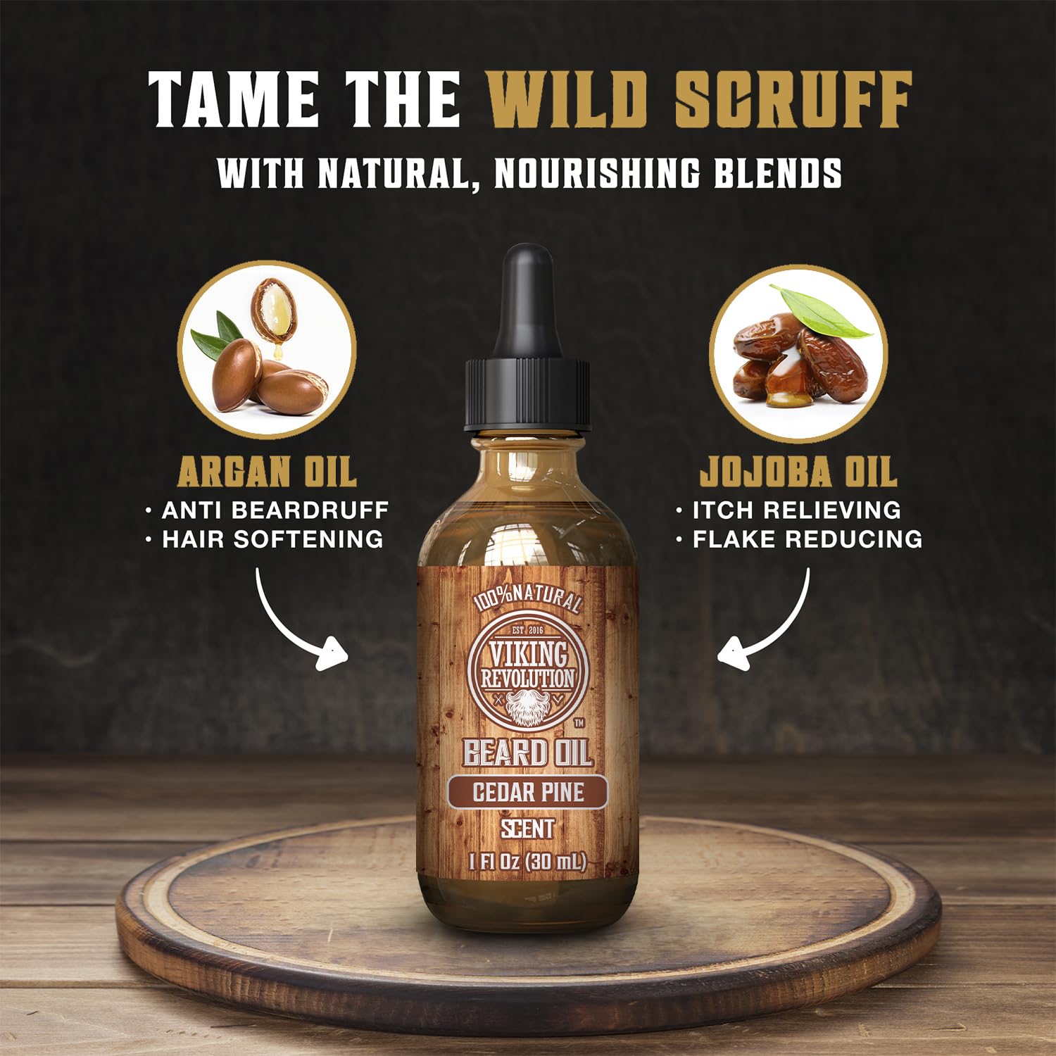 Cedar & Pine Beard Oil with organic argan and jojoba benefits against a wooden background.