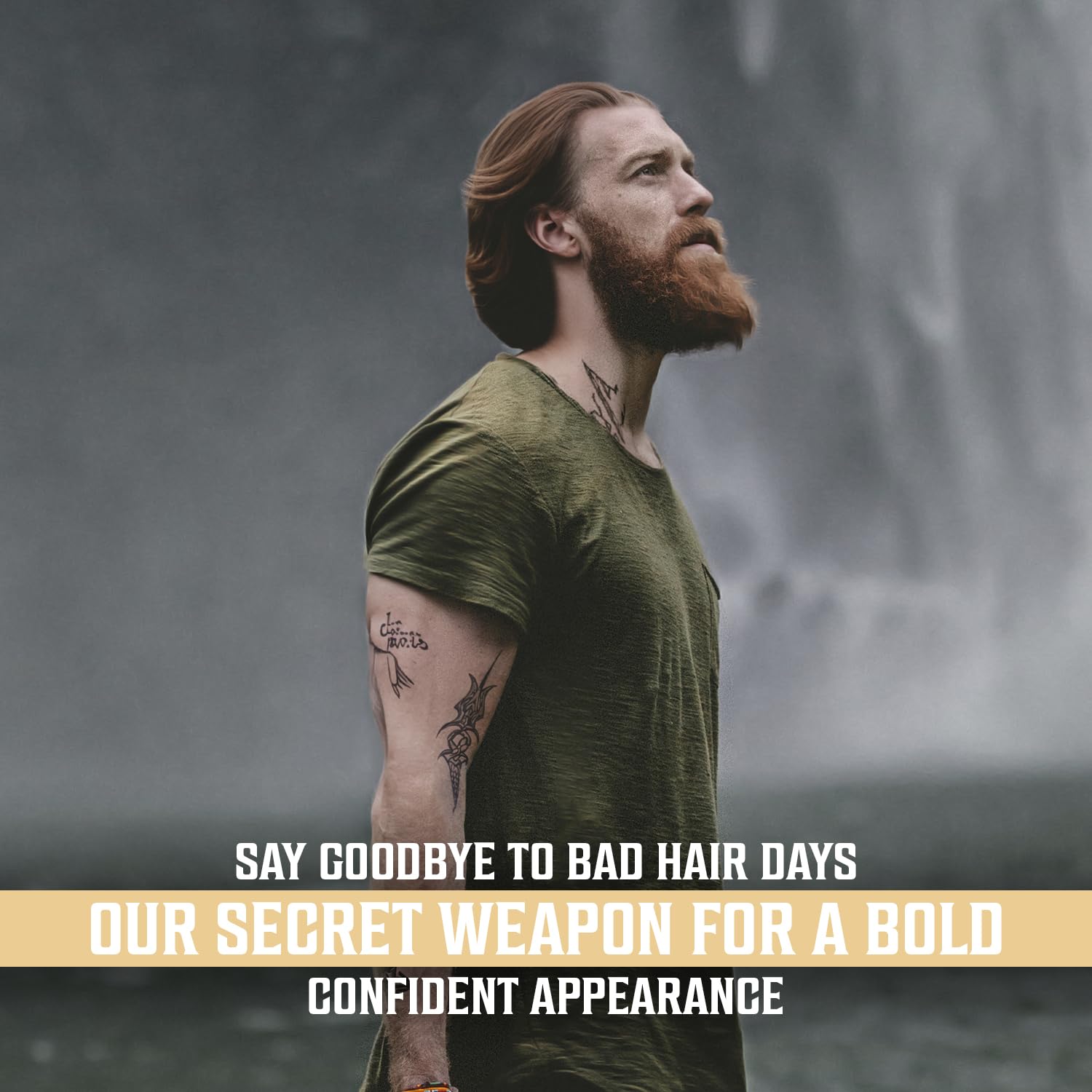 Man with beard in green shirt at waterfall, exuding confidence with Coconut Sea Salt Hair Spray.