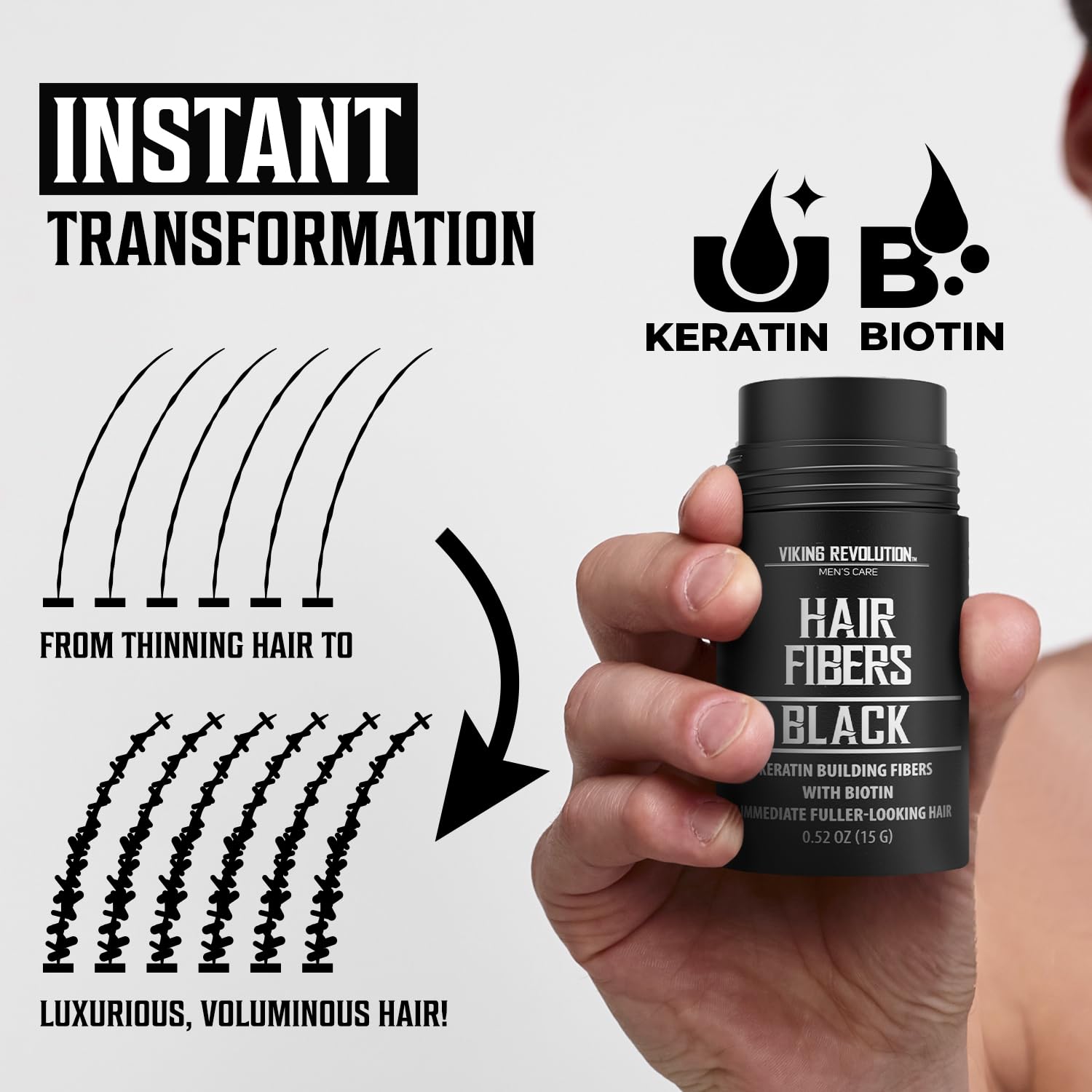 A hand elegantly holds a bottle of Black Hair Fibers, showcasing its natural keratin formula that provides remarkable hair transformation effects. Experience weather-resistant volume with these cutting-edge hair-building fibers for a fuller, more confident appearance.