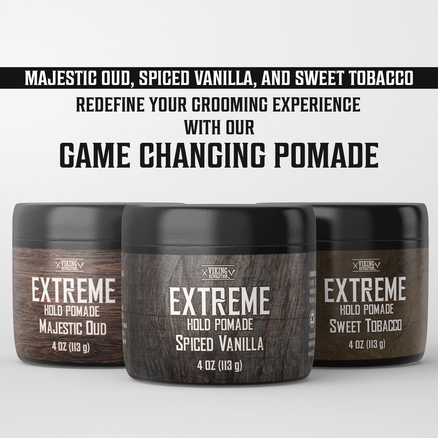 Three jars of New Scents Hair Pomade provide an extreme hold with a high-shine finish in the scents of Majestic Oud, Spiced Vanilla, and Sweet Tobacco.