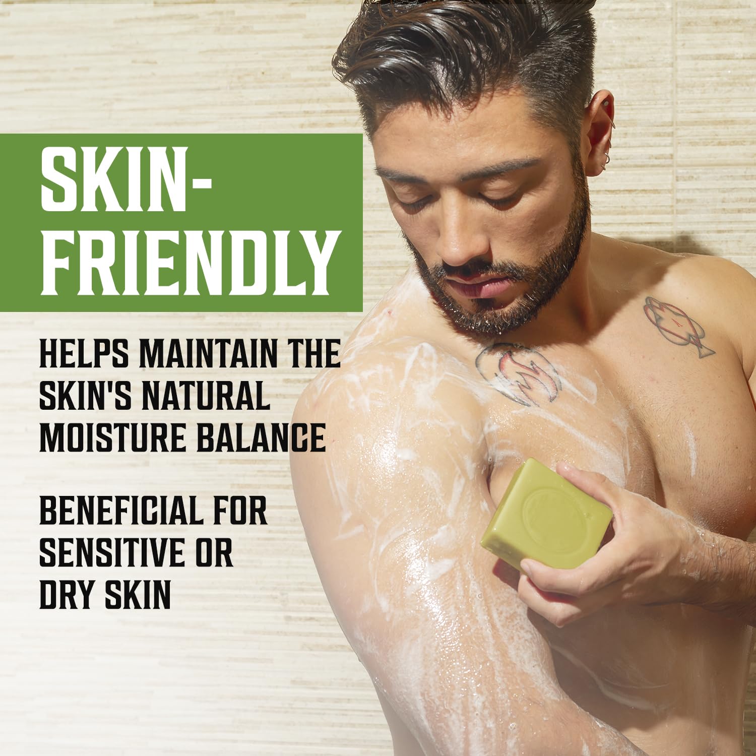 Man uses Bergamot Natural Soap for Men to enhance moisture balance and care for sensitive skin.