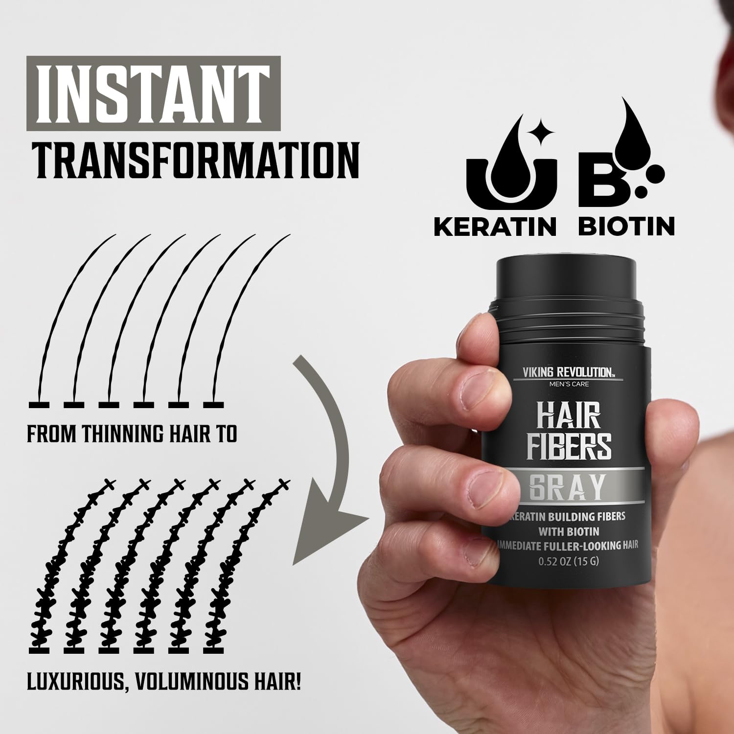 A hand elegantly holds *Gray Hair Fibers for Thinning Hair*, showcasing its natural keratin and biotin formula. It's perfect for achieving thicker, more luxurious hair and ideal as hair-building fibers for men seeking a fuller look.