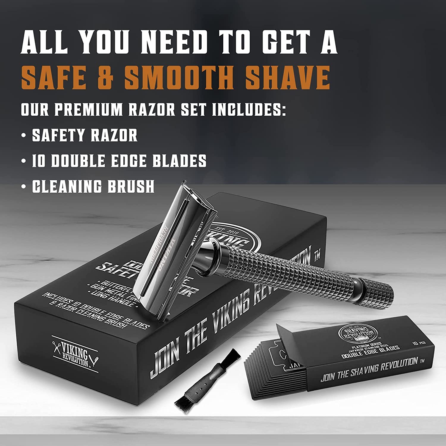 Viking Revolution Long Handle Razor with 10 Blades (Black) and a cleaning brush.