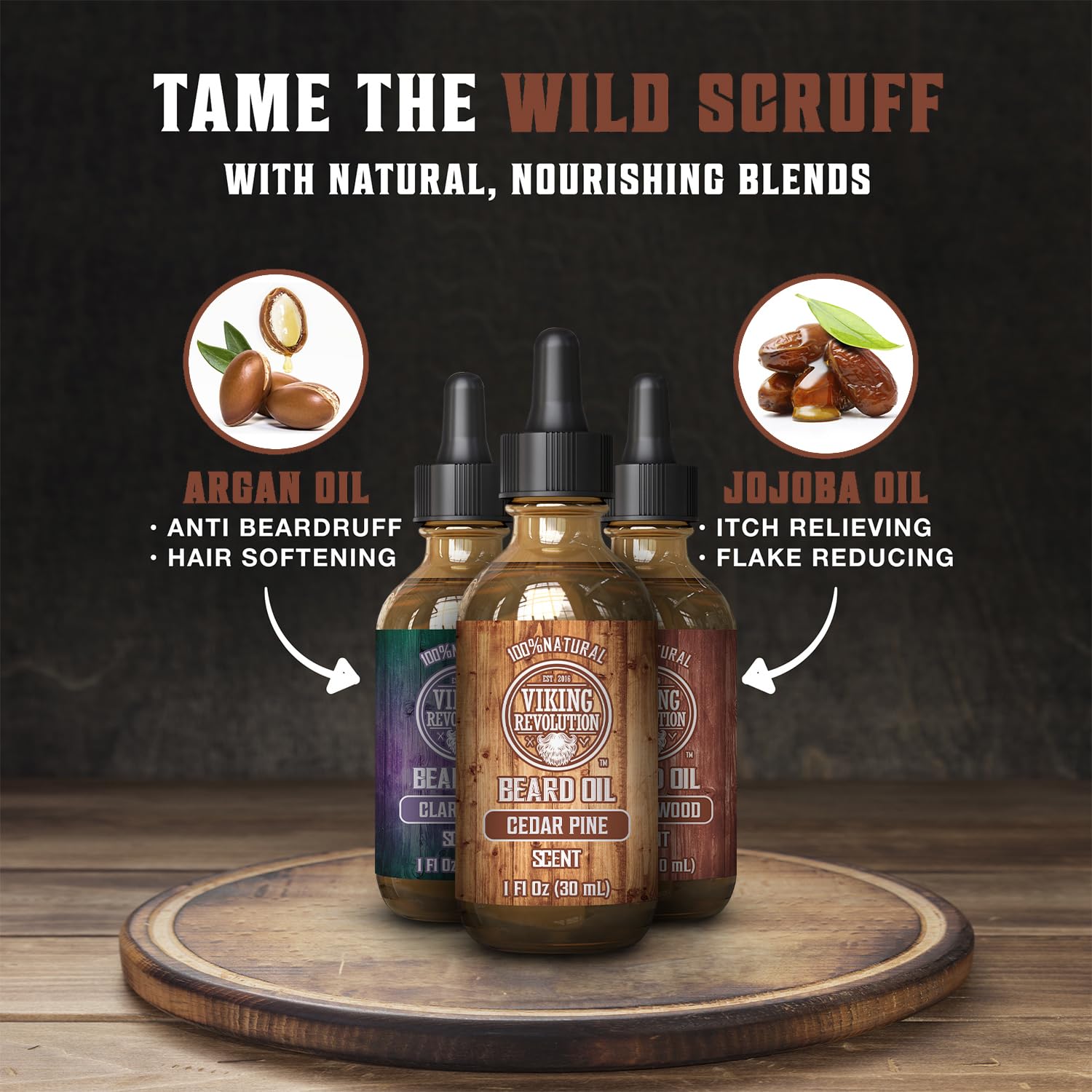 Beard oils with argan & jojoba, anti-beardruff & softening. 3 Pack: Sandalwood, Pine/Cedar, Clary Sage.
