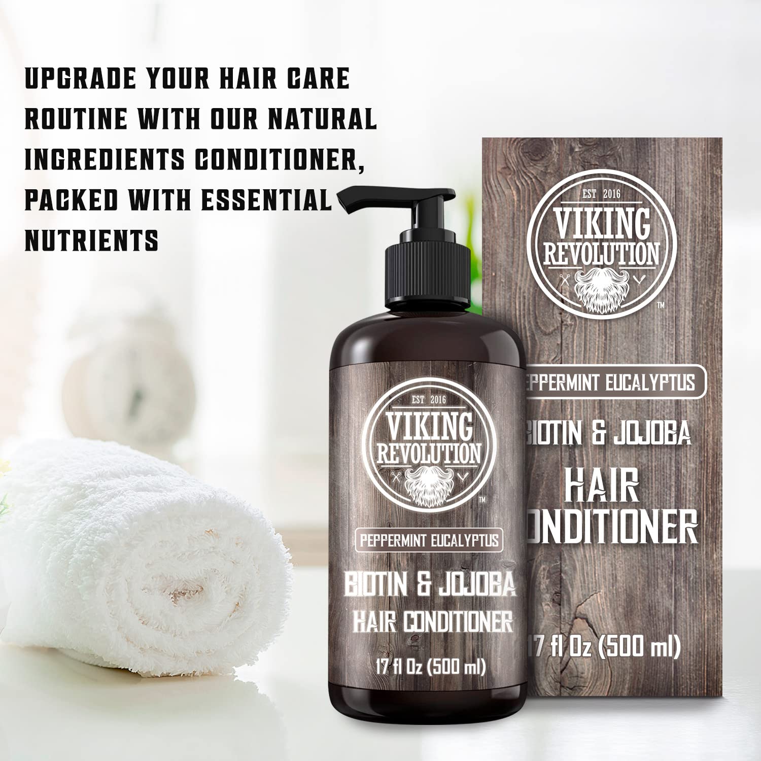 Eucalyptus and Peppermint Conditioner bottle and packaging, exuding a refreshing hint of eucalyptus and peppermint, placed against a towel in the background.