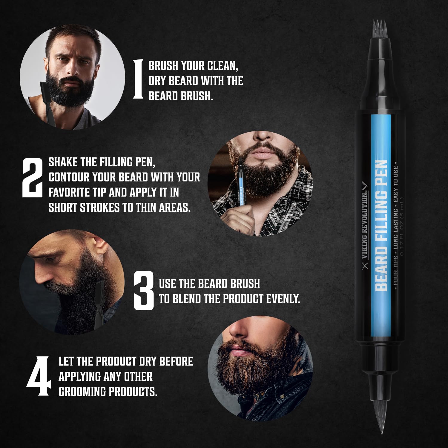 Instructions for Black Beard Pencil Filler with illustrations of a bearded man using the long-lasting formula.