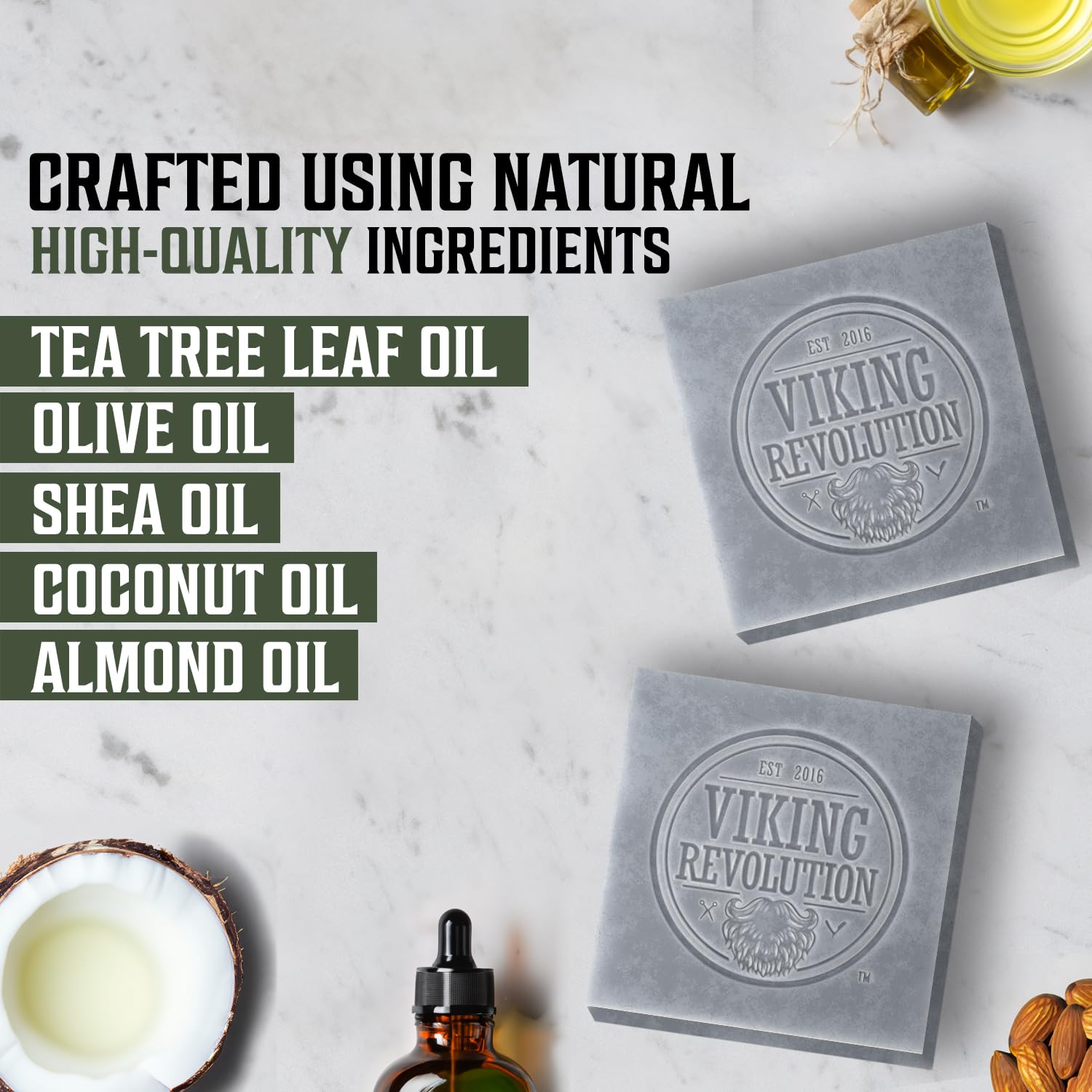 Two Viking Revolution Tea Tree bar soaps with skin-soothing and natural-themed ingredients.
