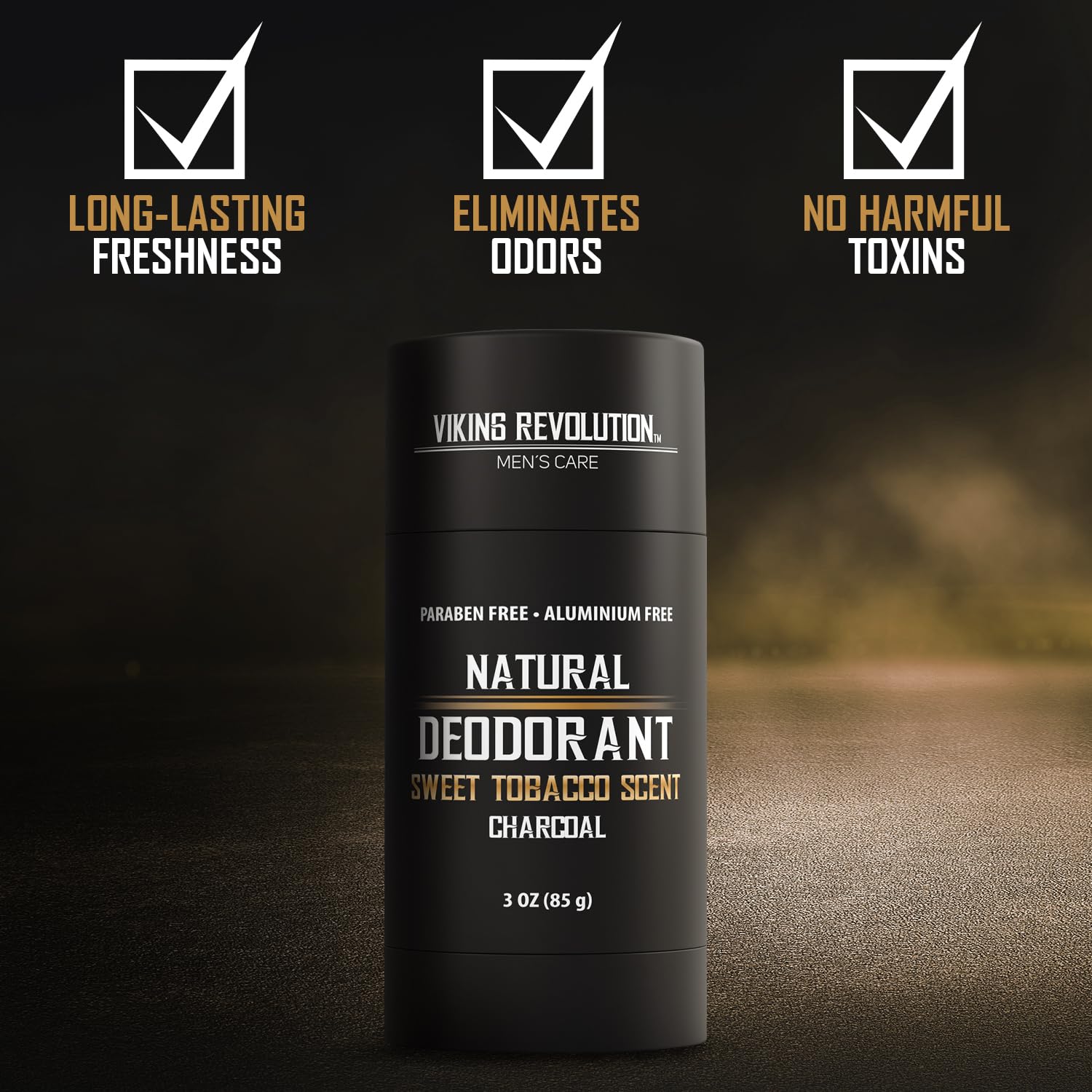 Sweet Tobacco Natural Deodorant for Men in black packaging showcases benefits such as long-lasting freshness with a charcoal formula, and it's both aluminum-free and free from toxins.