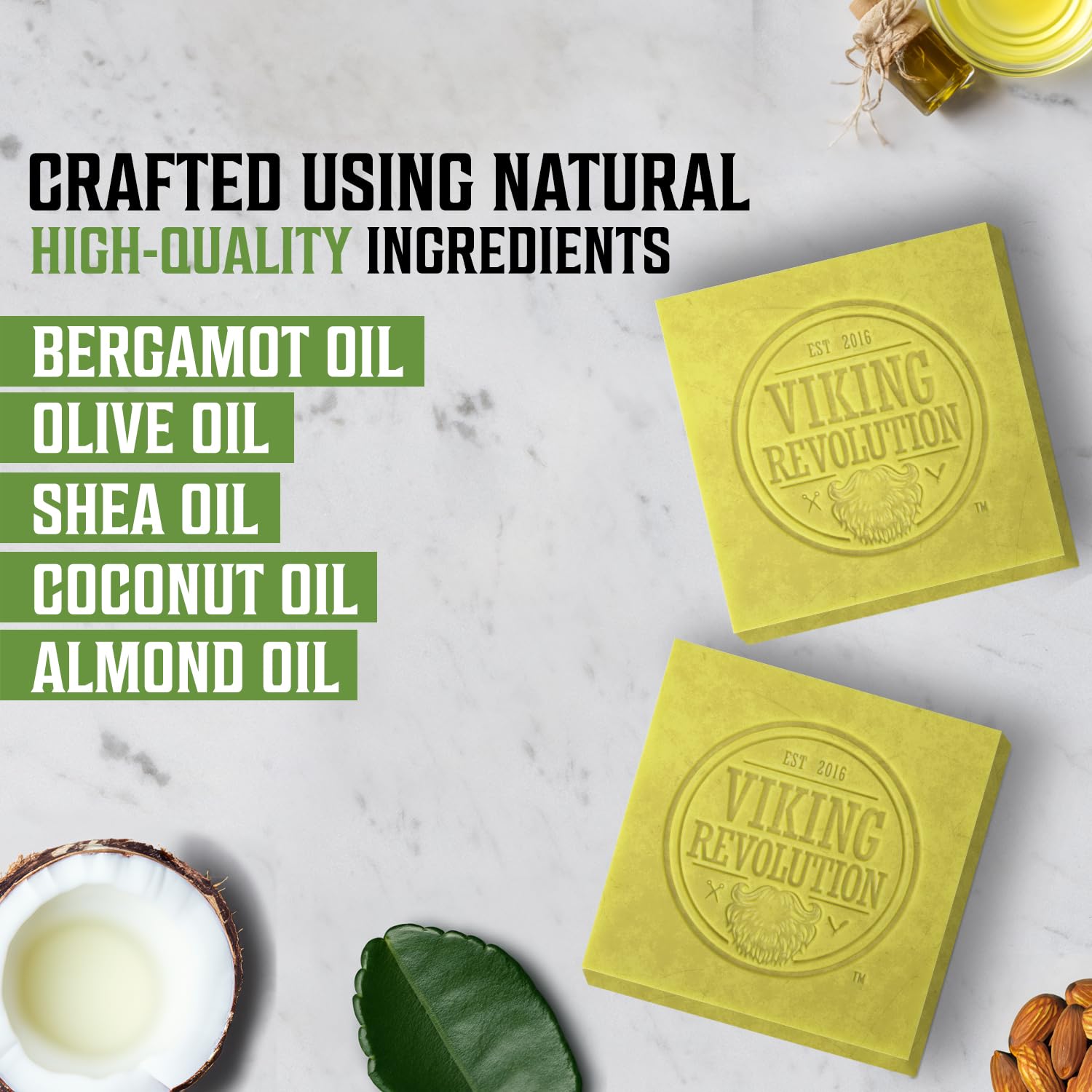 Sulfate-free, paraben-free Bergamot Natural Soap for Men, cold-pressed bar on a marble surface.