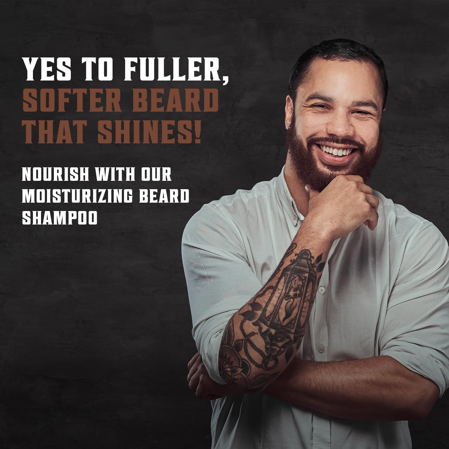 Man with a beard smiling, promoting Sandalwood Beard Wash 33.8 fl oz on a dark background.