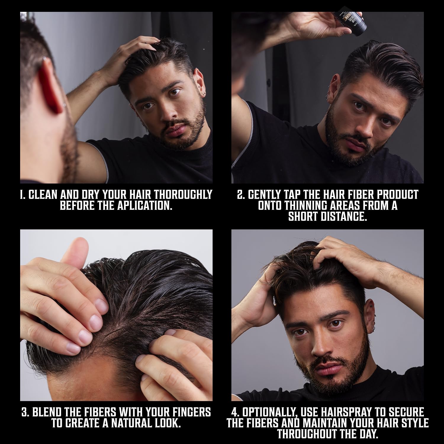 A man using Auburn Hair Fibers for Thinning Hair follows a four-step process: cleaning, applying the natural keratin product, blending, and setting with hairspray.